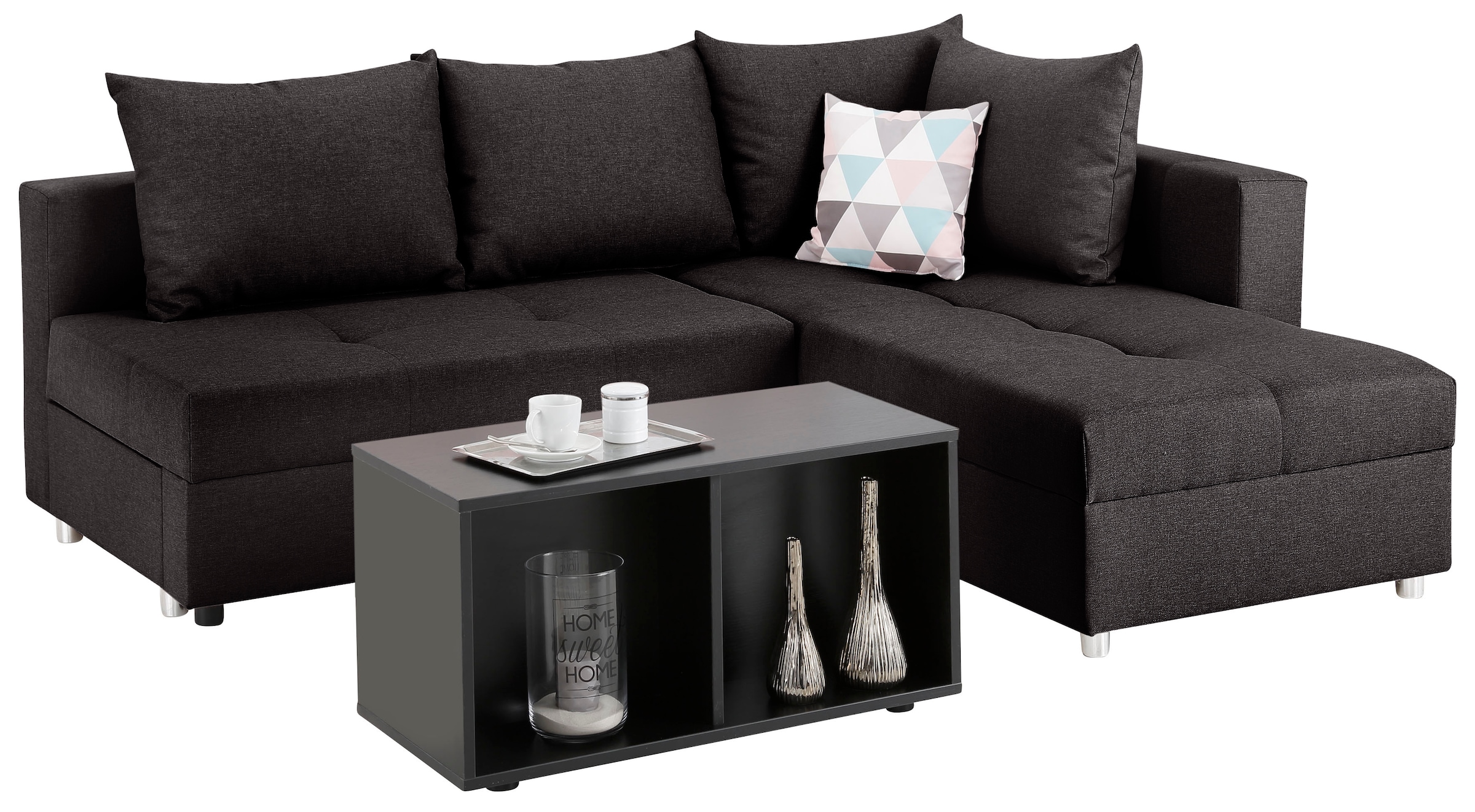 Home affaire Canapé d'angle »Italia L-Form, B: 217 cm« Fonction couchage, coffre de lit et 1 coussin décoratif, ressorts ensachés