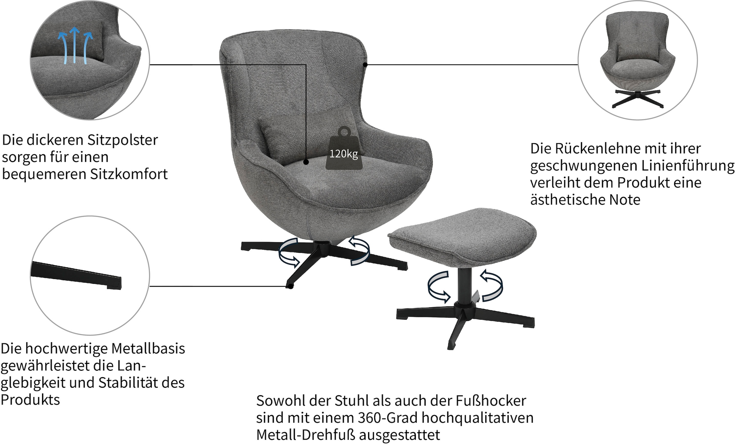 GOODproduct Sessel »YOLLI Relaxsessel, TV-Sessel mit Hocker« 360° Grad drehbar, Struktur-Bezug