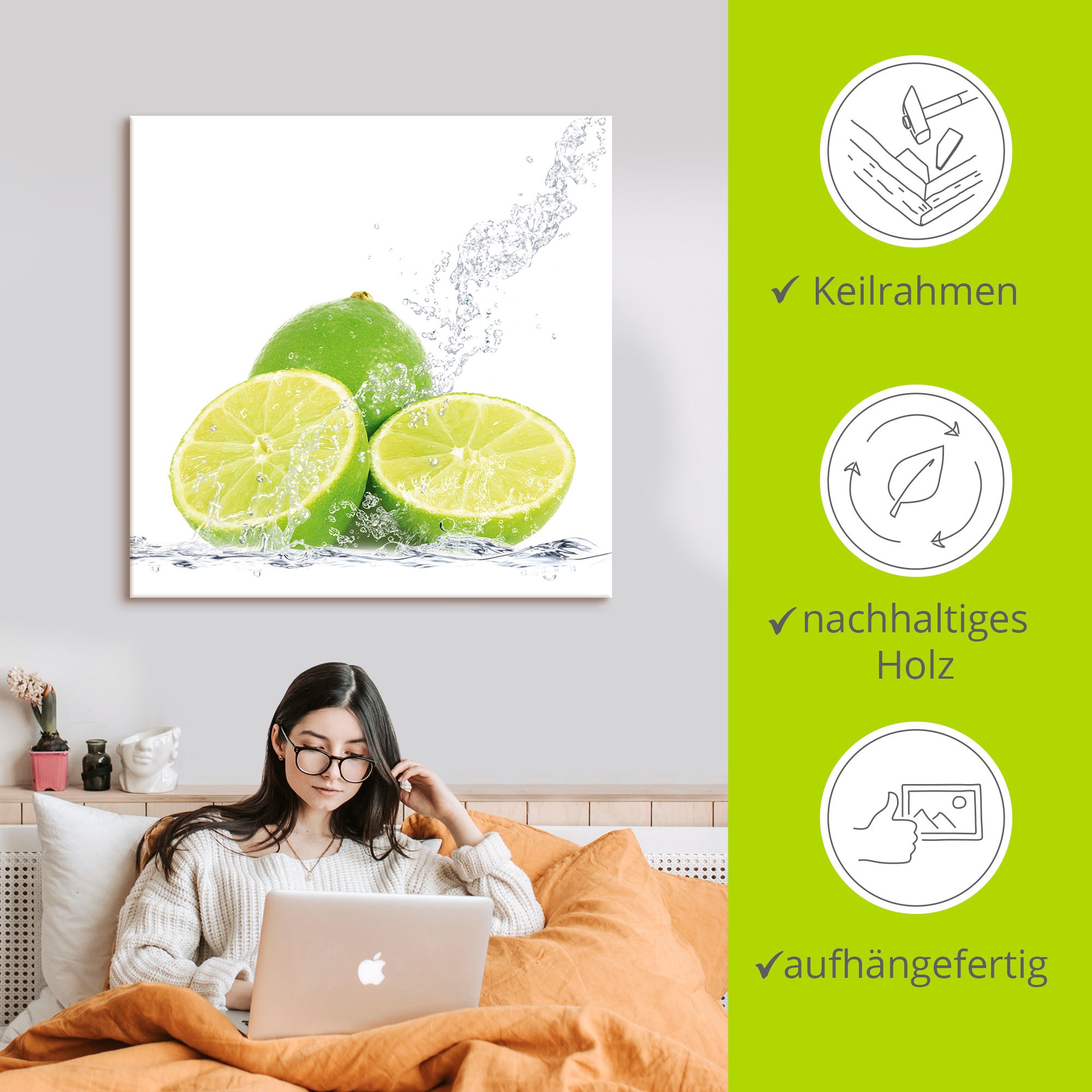Artland Wandbild »Limette mit Spritzwasser«, Lebensmittel, (1 St.), als Leinwandbild, Poster, Wandaufkleber in verschied. Grössen