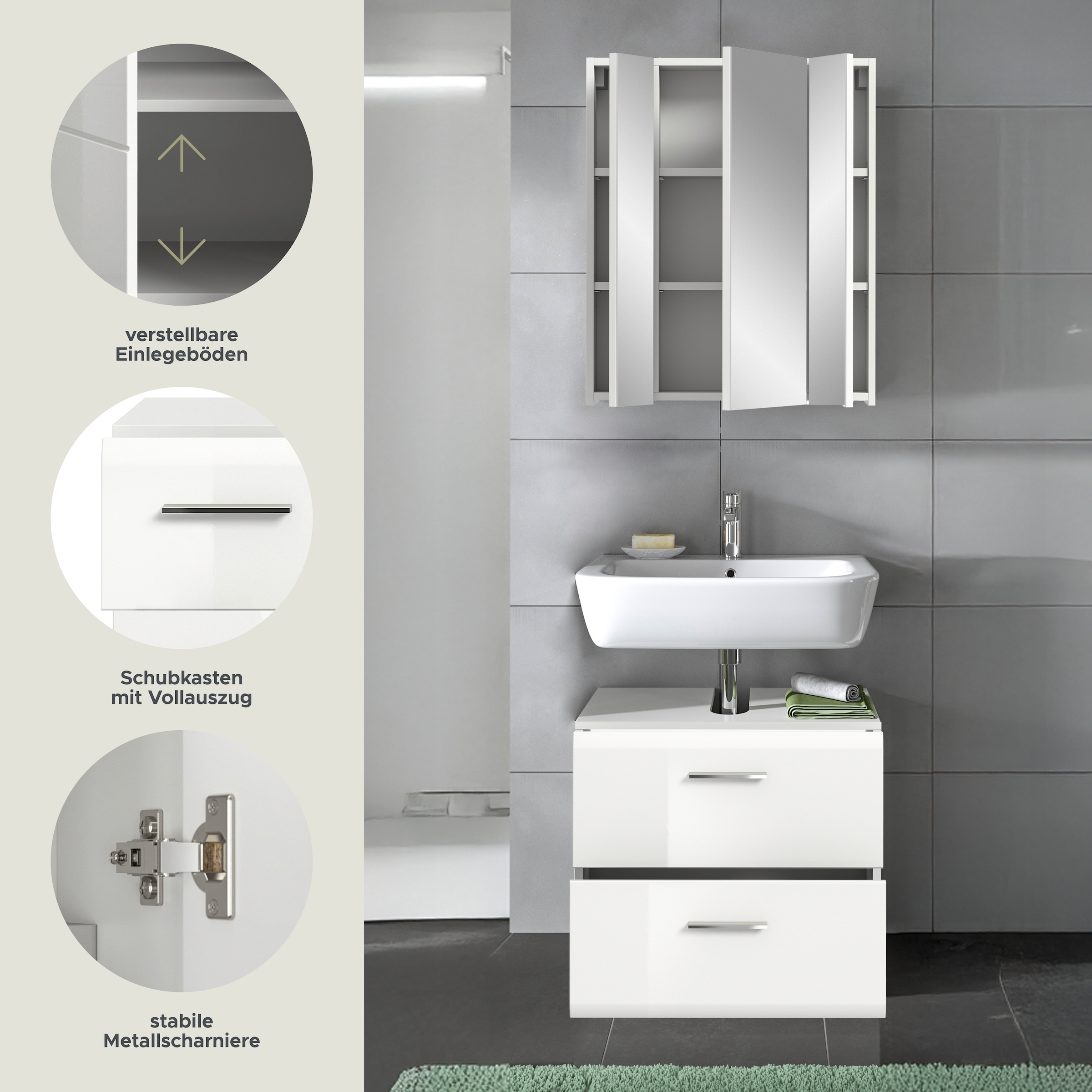 INOSIGN Badmöbel-Set »FLORENZ, TOPSELLER!, 2-teilige Badkombination, hochwertige MDF-Front« Set, bestehend aus: 1 Waschbeckenunterschrank, 1 Spiegelschrank, 