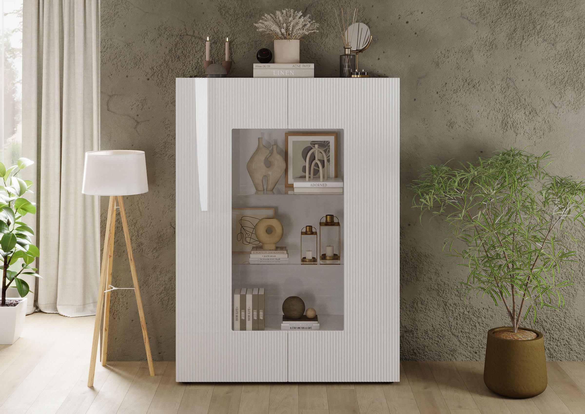 INOSIGN Vitrine »RIO, Höhe 166 cm, Hochschrank mit 2 Türen, Anrichte, Standvitrine«, geriffelte Front, modern u. elegant, viel Stauraum