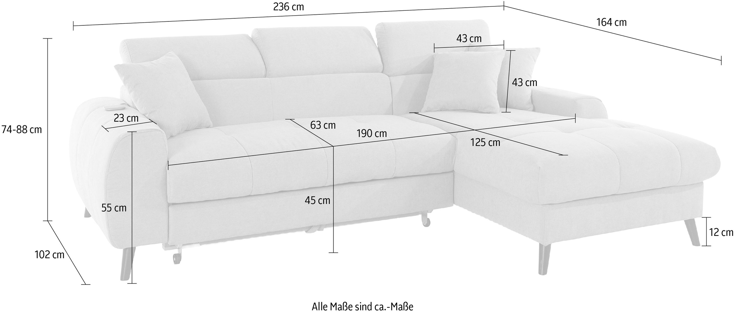 COTTA Ecksofa »Mia L-Form mit 3 Zierkissen«, wahlweise mit Bettfunktion, Bettkasten, Beleuchtung & Wireless-Charger