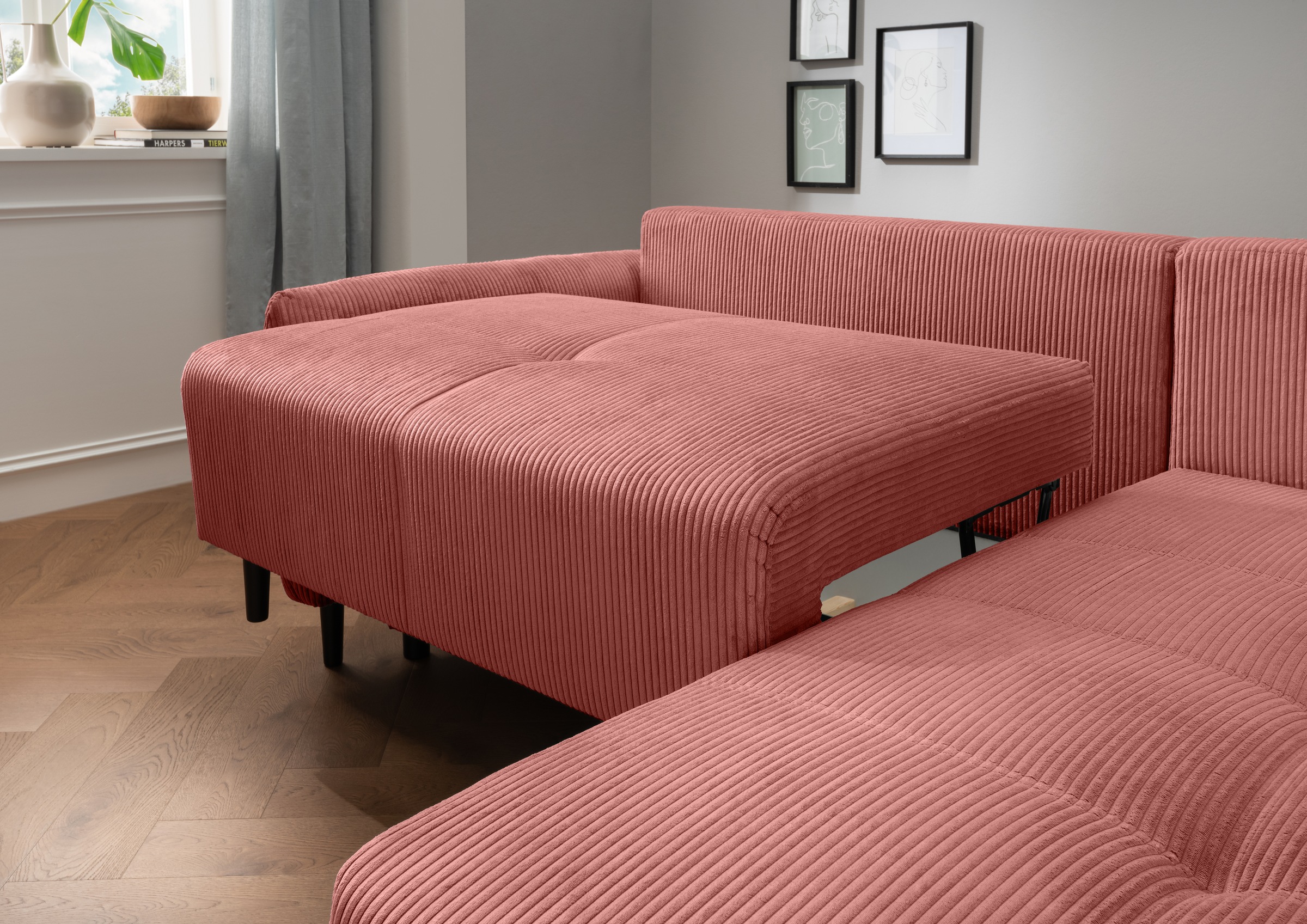 INOSIGN Ecksofa »Mara, L-Form, aktueller Cord Bezug und tolle Farben, schmale Armlehnen«, whlw. mit Bettfunktion,Recamiere links/rechts montierbar, Breite 238cm