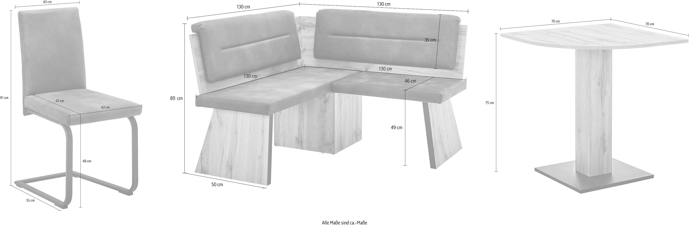 massivline&more Eckbankgruppe »Treviso« 3 tlg. tlg. besteht aus Tisch, Eckbank, Freischwinger