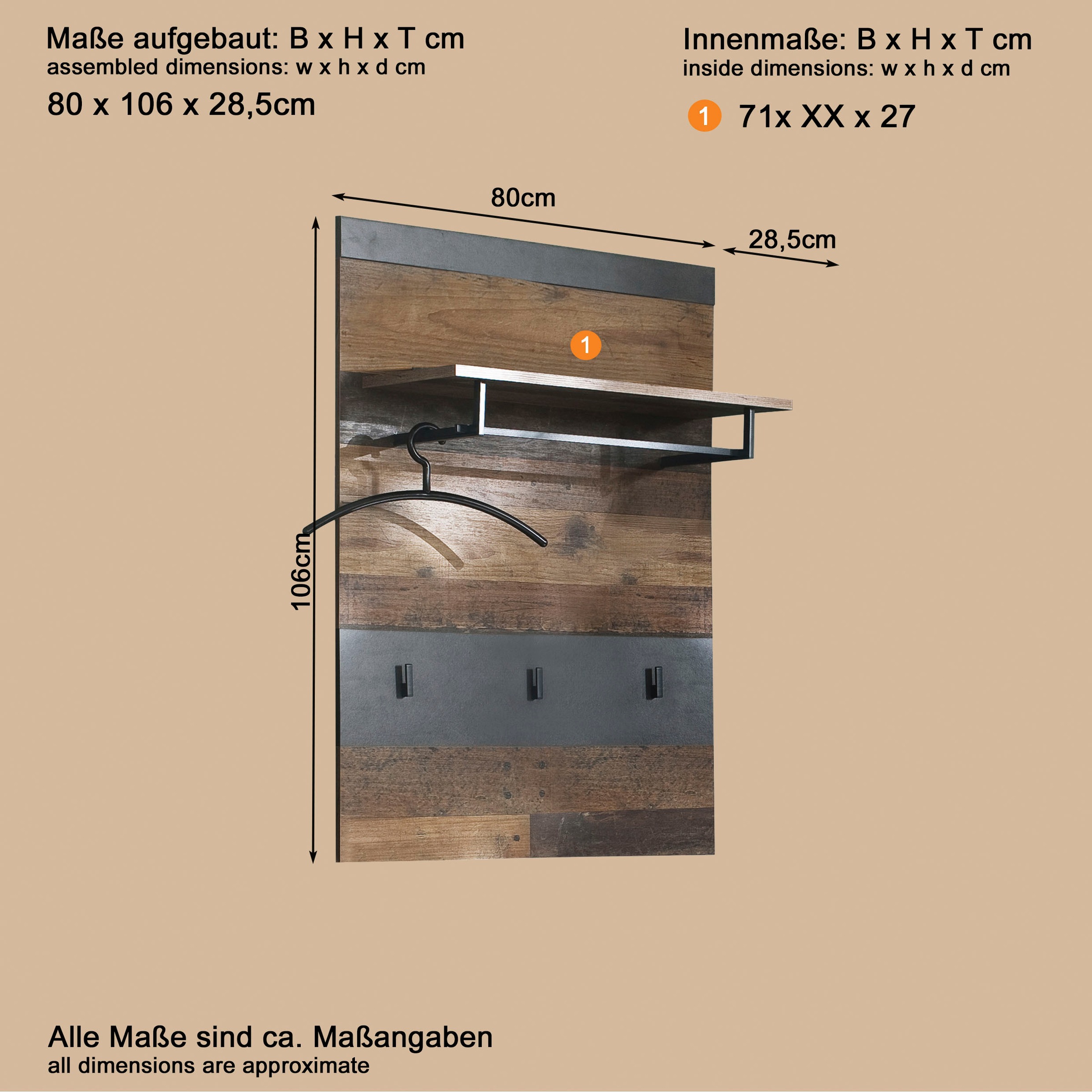 Home affaire Garderobenpaneel »Ilana« Garderobenpaneel mit Ablage & Haken - (B/T/H) 80/29/106 cm