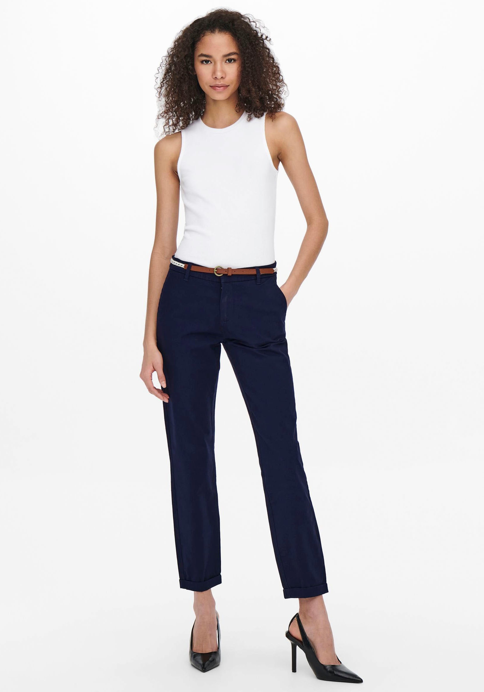 ONLY Chinohose »ONLBIANA – Chinohose mit Gürtel und Umschlagsaum«  slim fit, modisch, Web, Baumwollmischung