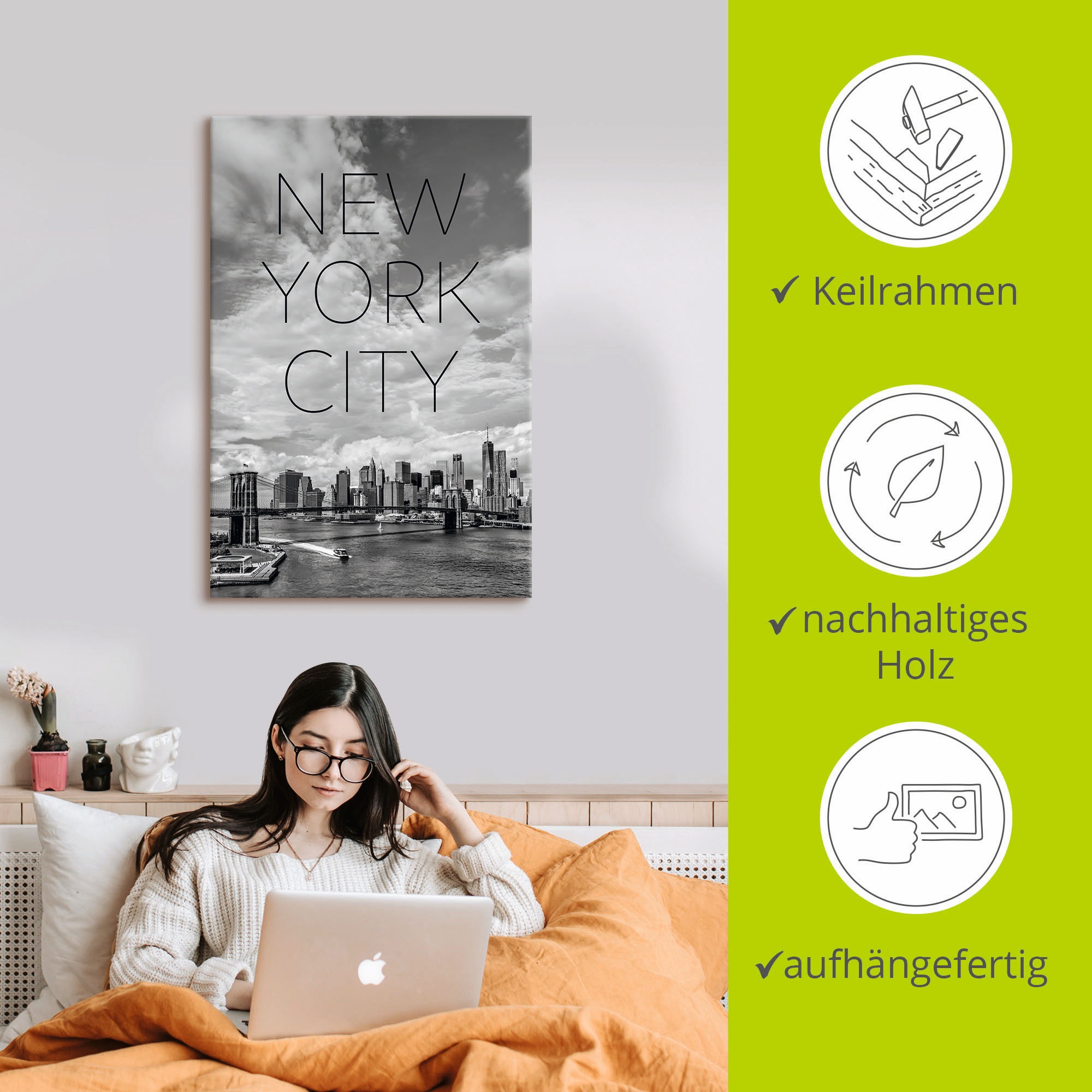 Artland Wandbild »NYC Brooklyn Bridge & Lower Manhattan«, New York, (1 St.), als Alubild, Leinwandbild, Wandaufkleber oder Poster in versch. Grössen