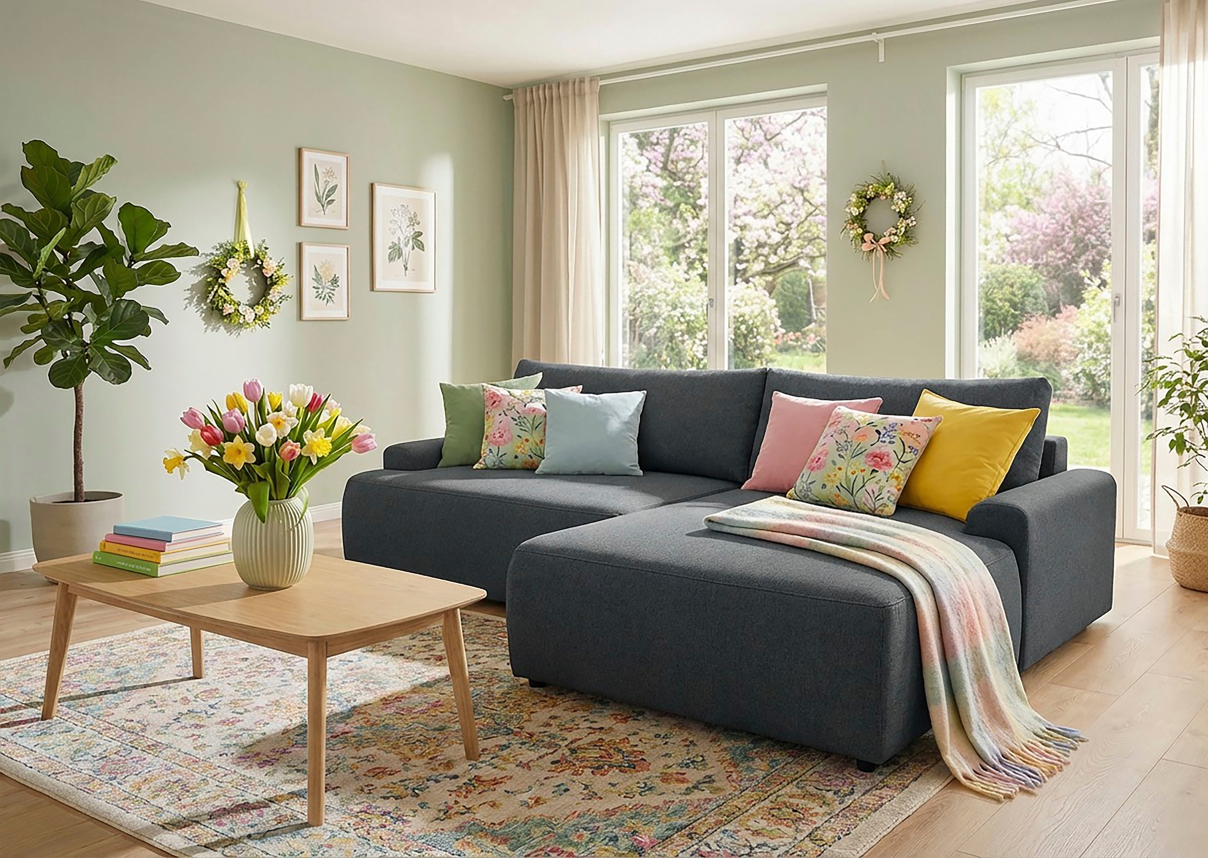 Image of TRENDMANUFAKTUR Ecksofa "Prag, Schlafsofa mit Bettkasten, Couch in L-Form, Breite 253 cm" in feinem Strukturstoff, anthrazit, Recamiere rechts