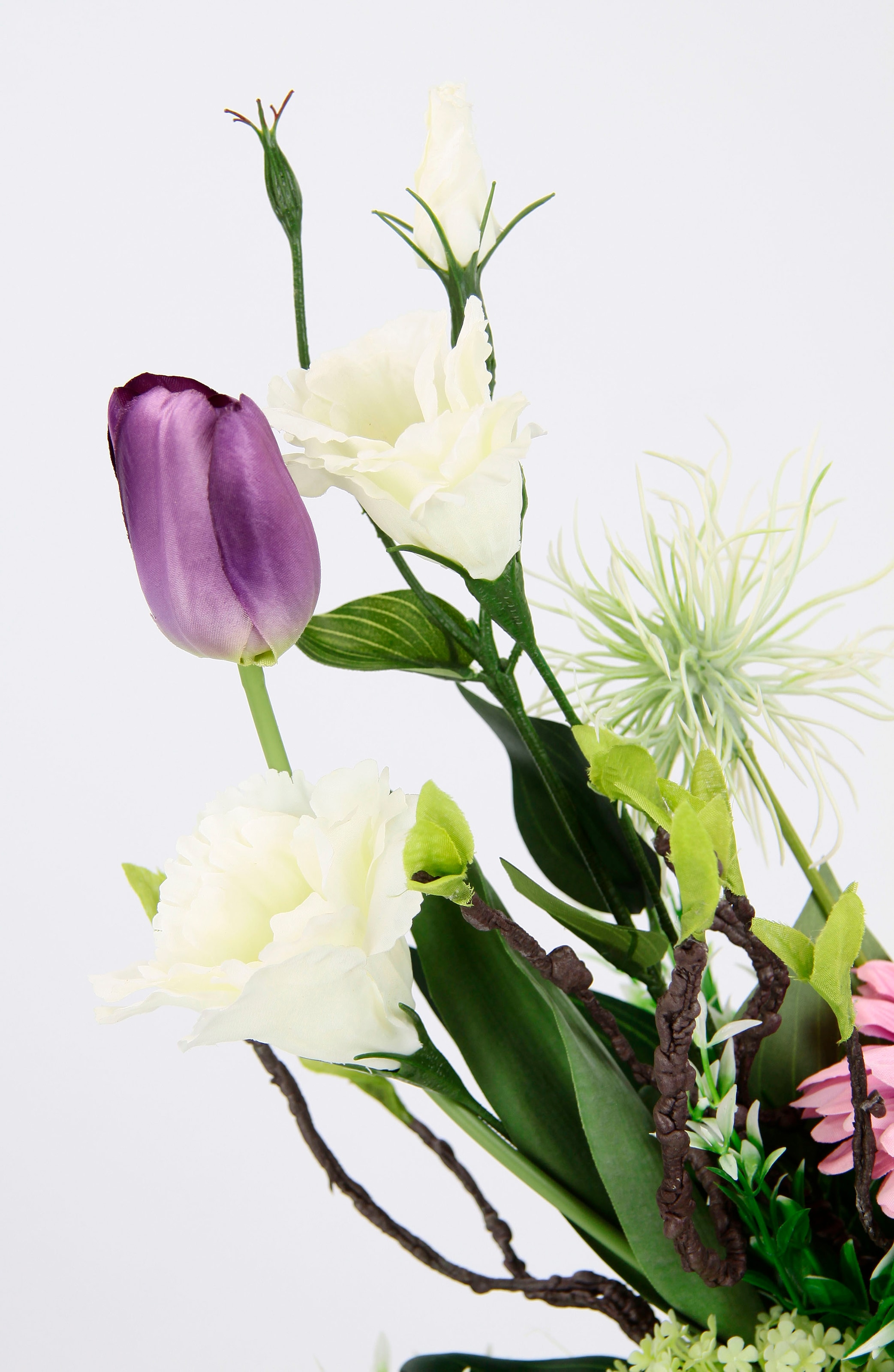 I.GE.A. Kunstblume »Arrangement Ranunkel/Lysianthus«, Pflanzschale aus Rinde mit Moos