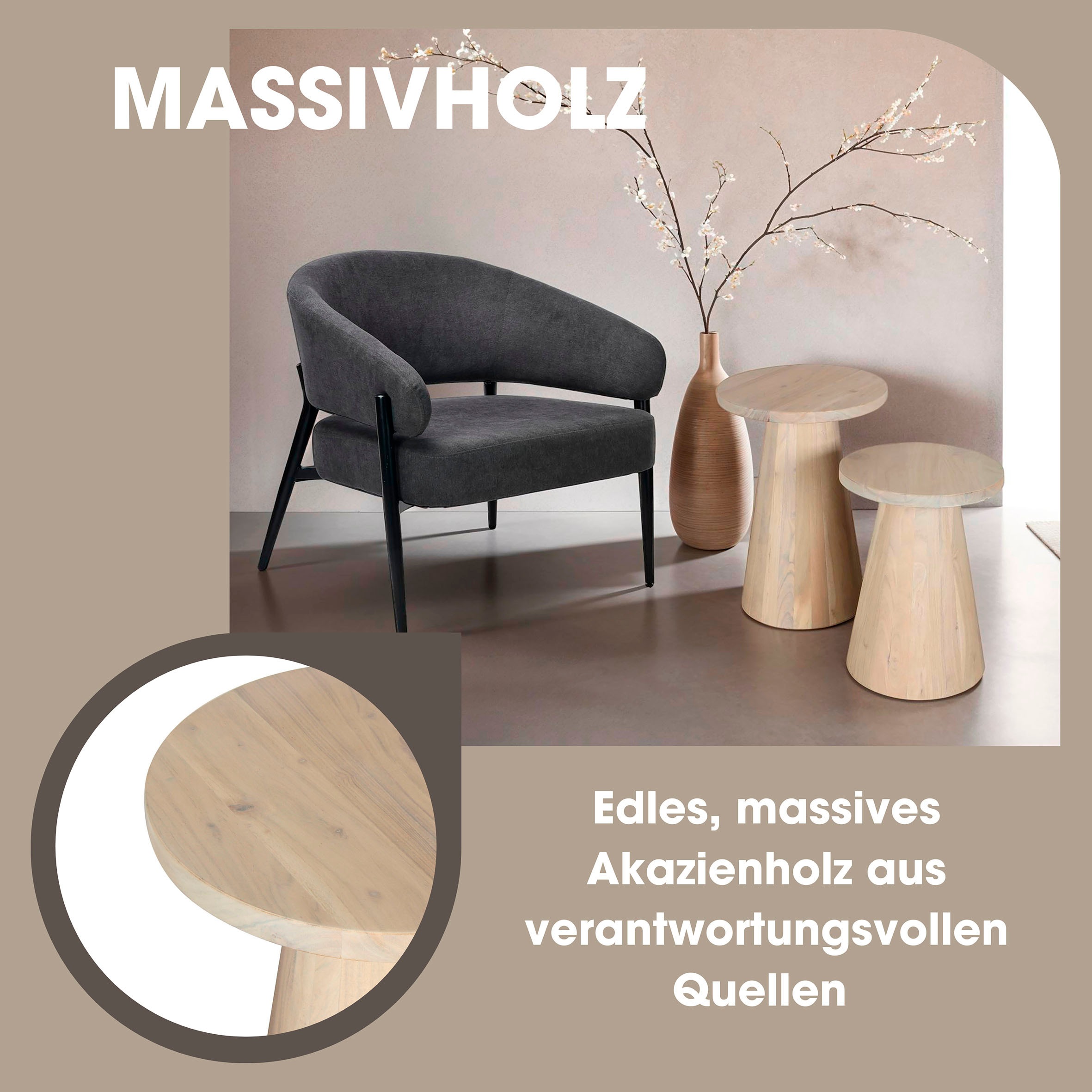 byLIVING Beistelltisch »Cone«, aus Massivholz in schwarz oder white wash, verschiedenen Grössen