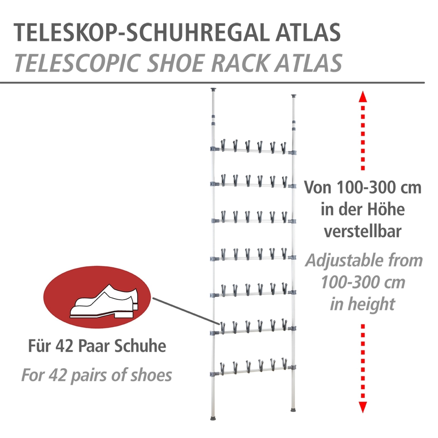 WENKO Schuhregal "Modell Atlas" verstellbares Teleskopregal für 42 Paar Schuhe, Montage ohne Bohren