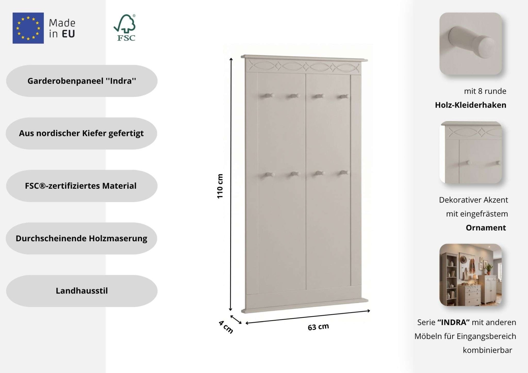 GOODproduct Panneau de vestiaire »Indra« L/P/H : 63/6/100 cm,  en pin massif, FSC®, 8 crochets, ornement discret