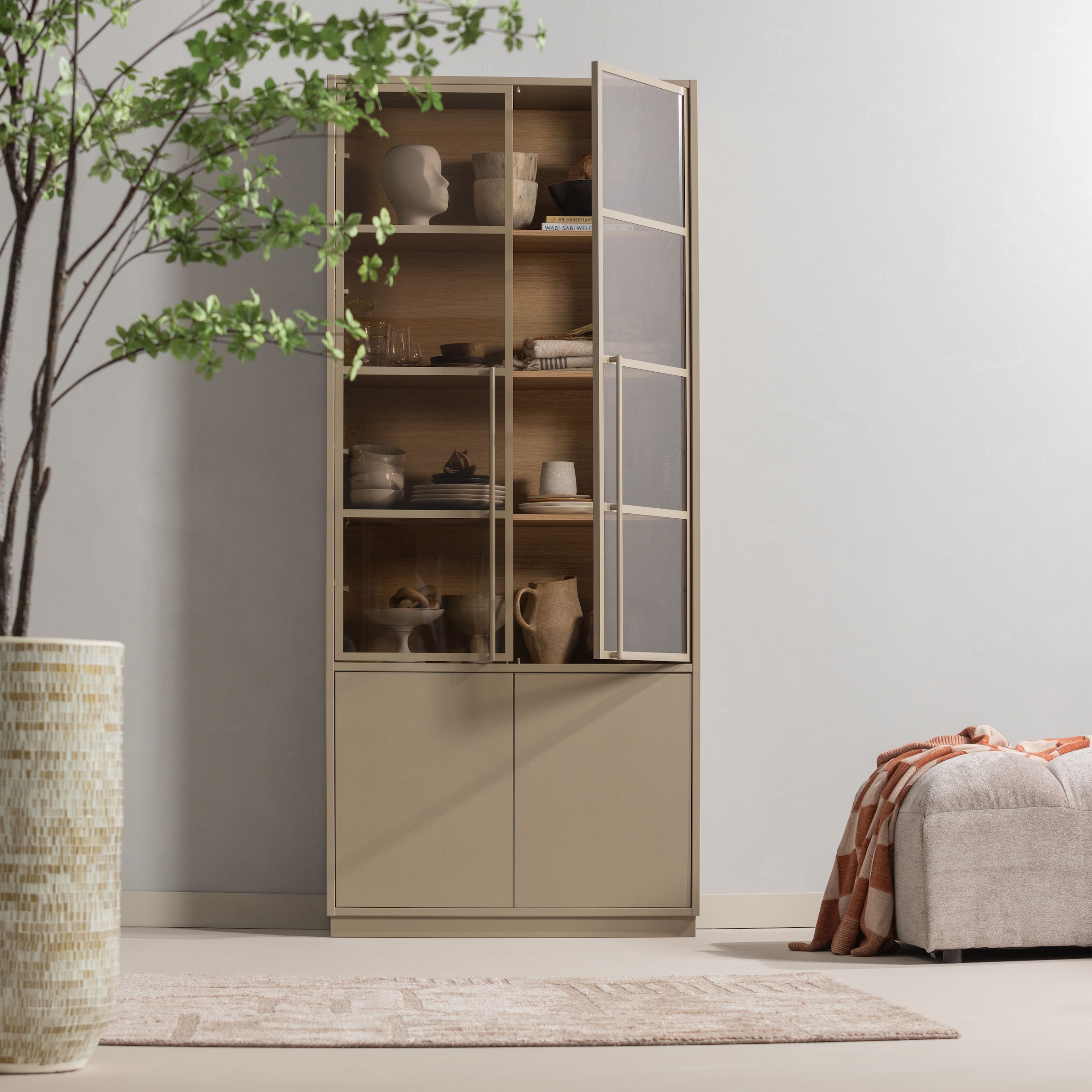 WOOOD Glasvitrine »Casa FSC® Mix Kiefernholz Glastüren mit Eichendekor 101x40x236 cm« Kratzfeste Melaminoberfläche, sichtbare Maserung, einfach zu montieren