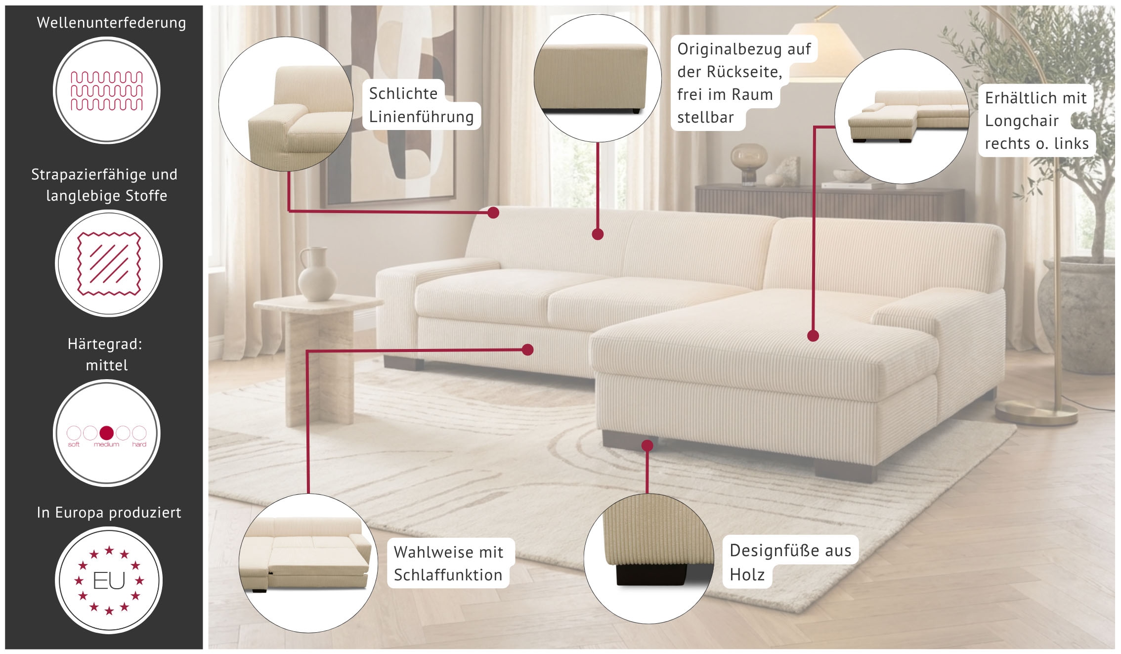 GOODproduct Ecksofa »Faxe 268 x 153 cm, auch mit Schlaffunktion« L-Form, aus pflegeleichtem, weichem Luxus-Microfaser Bezug