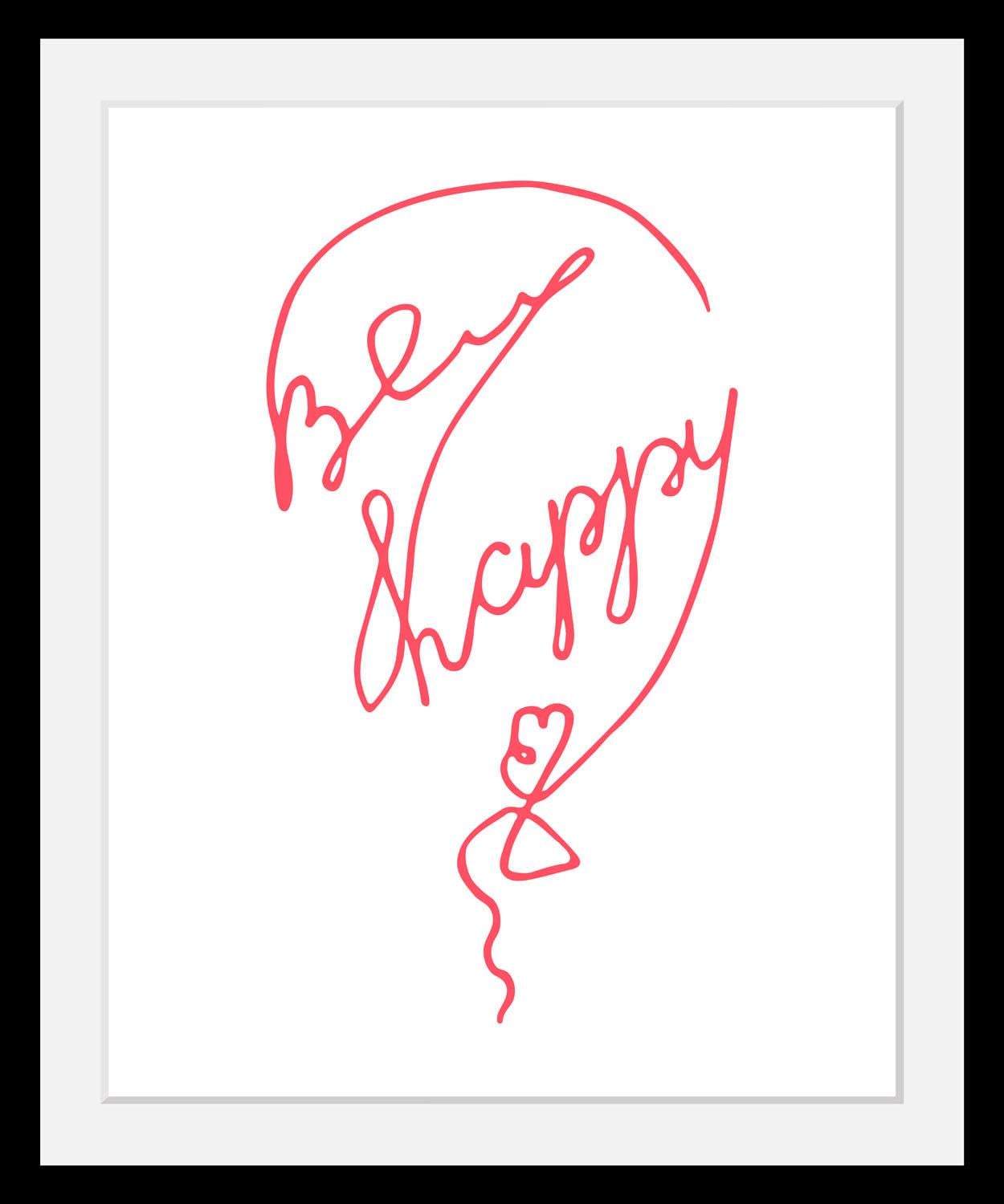 Image of queence Bild "Be Happy" Herz Herzbilder Motivationsbilder Schriftzug Schriftzüge HD Premium Poster-Druck inkl. Holzrahmen