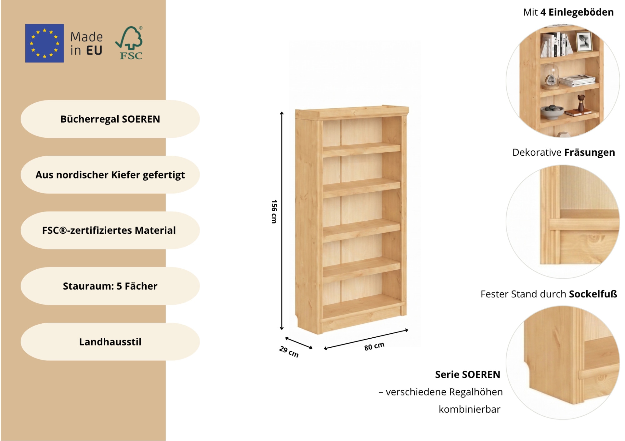 GOODproduct Bücherregal »Soeren« aus massiver Kiefer, Tiefe 29 cm, FSC®-zertifiziert