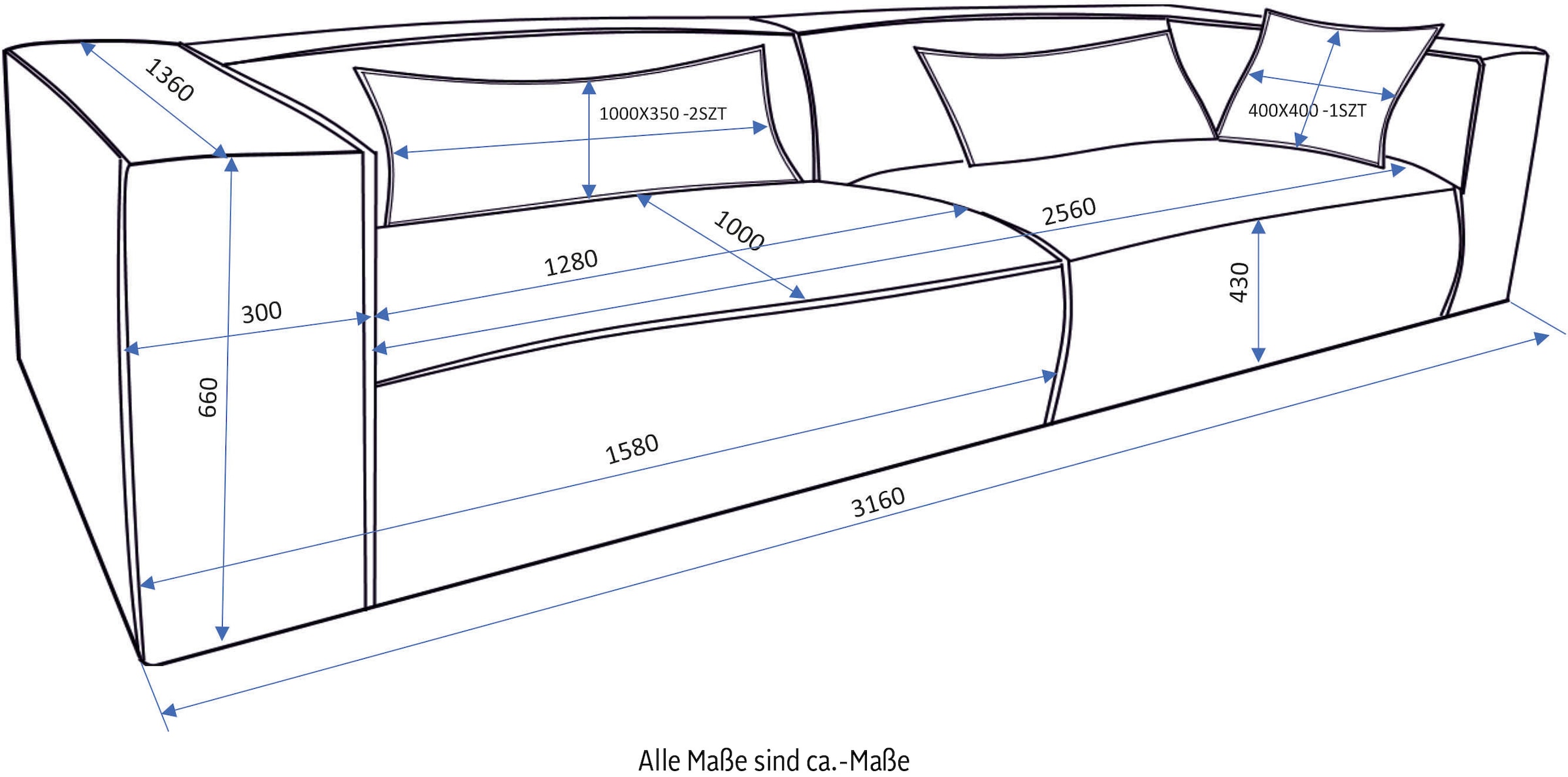 LeGer Home by Lena Gercke 3-Sitzer »PIARA, XXL Sofa mit Kedernaht, Big-Sofa in Cord oder Leinenoptik«, schwarze Füsse, bequemer Sitzkomfort, extra tiefe Sitzfläche