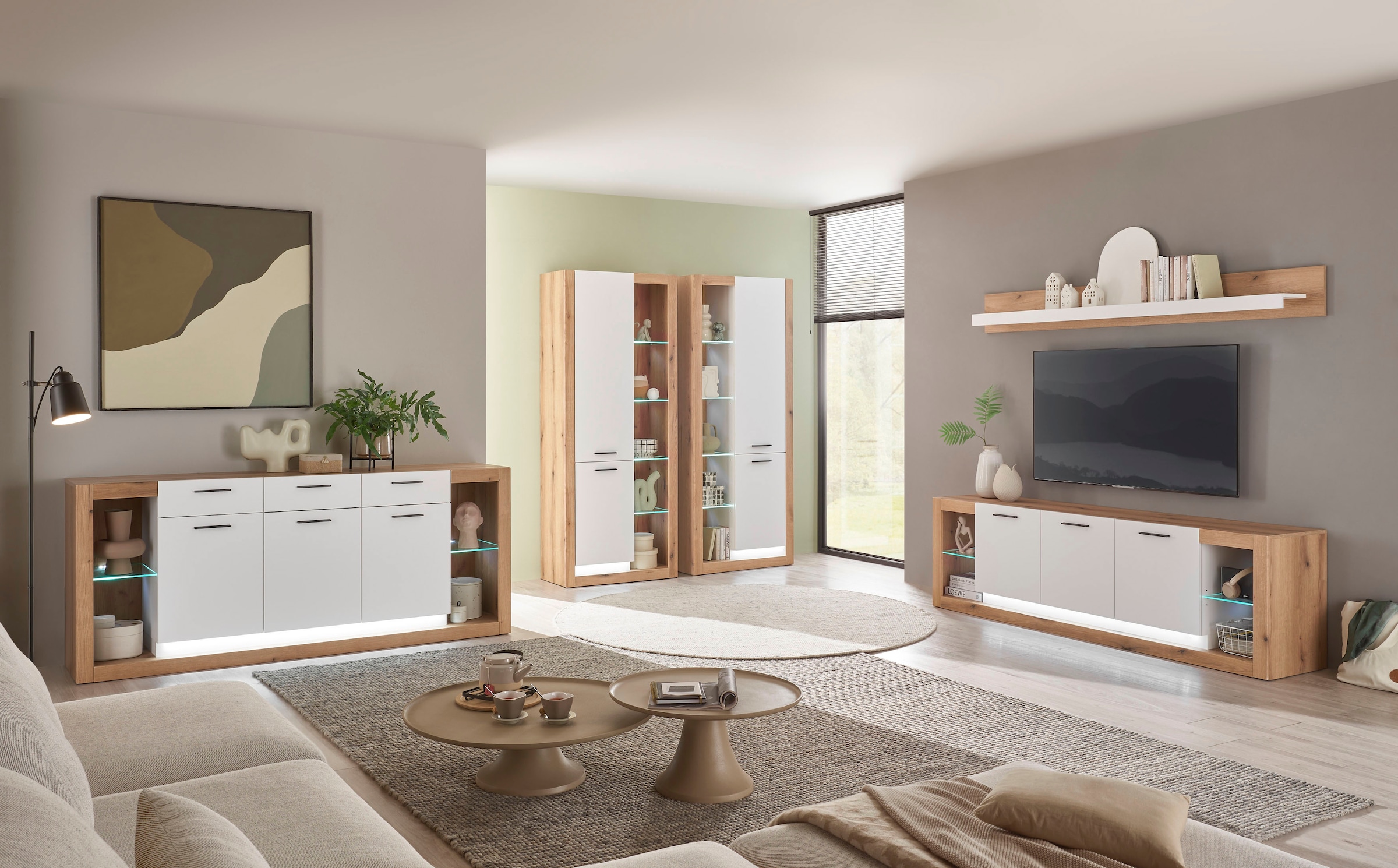 INOSIGN Wohnwand »Brixen, moderne Anbauwand, Wohnzimmer-Set, Eiche Evoke Dekor mit Weiss«, (Set, 4 St.), enthält Stauraumelemente, Lowboard und Wandboard