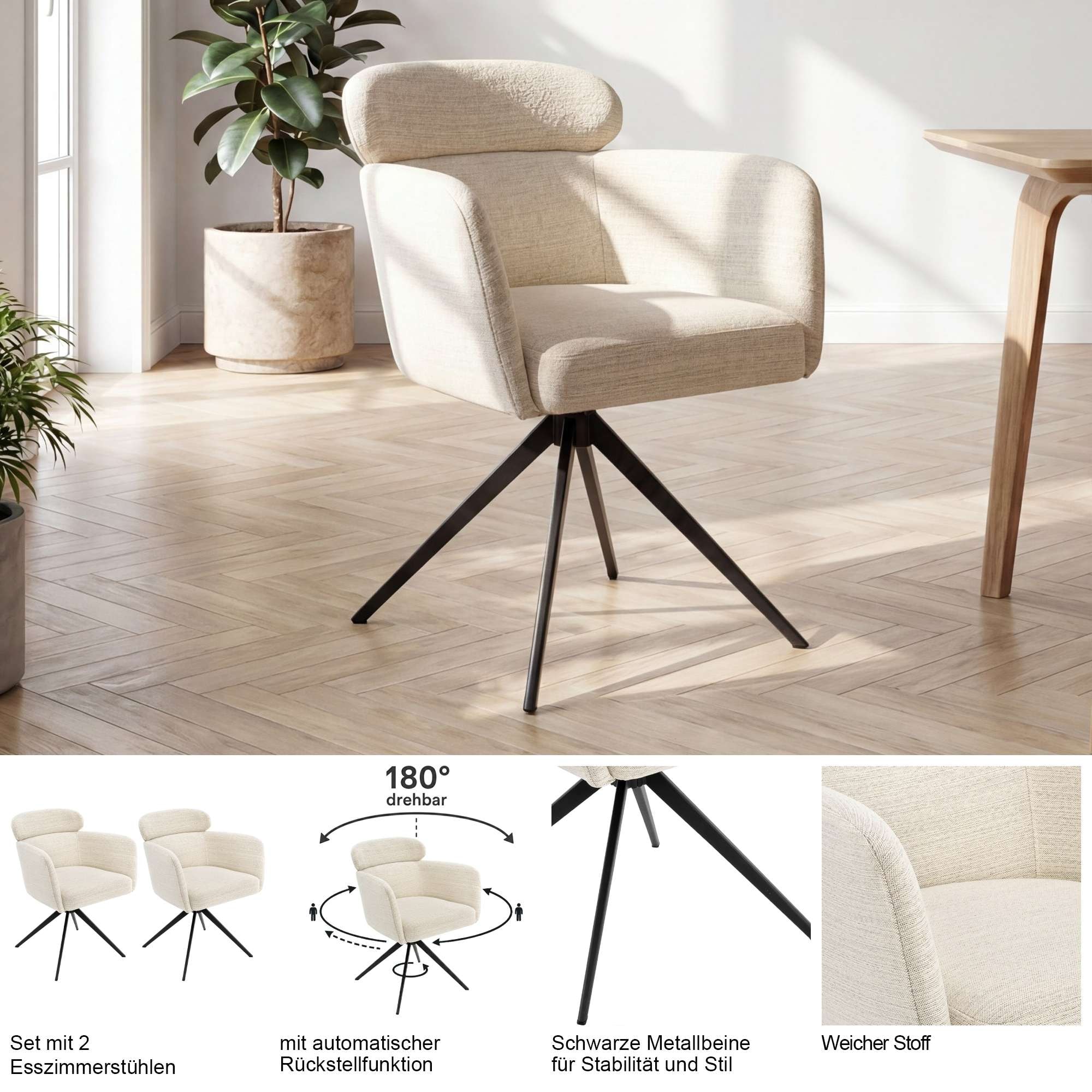 GOODproduct Esszimmerstuhl »Isarco« () 2 Stk.360° Auto Rückkehr, gepolsterte Rückenlehne, Armlehne und Sitzfläche