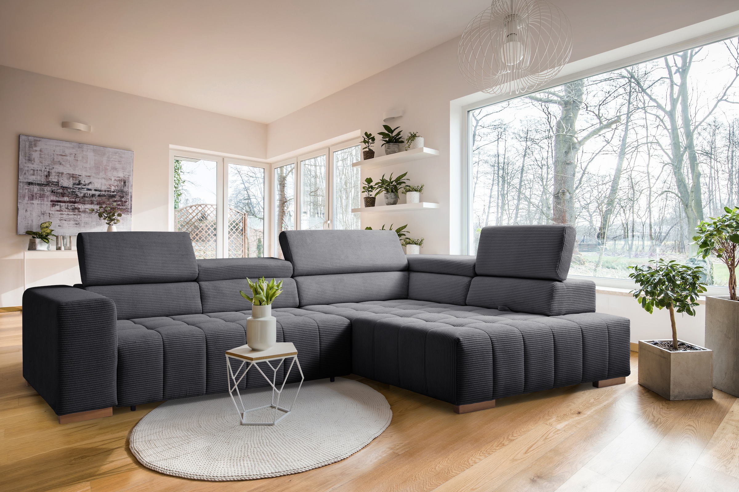 Image of exxpo - sofa fashion Ecksofa "Elianos, hoher Sitzkomfort, aufwendige Kreuzsteppung im Sitz, L-Form" Kopfteile & Sitztiefe verstellbar, mit Bettfunktion, Cord, antrazit
