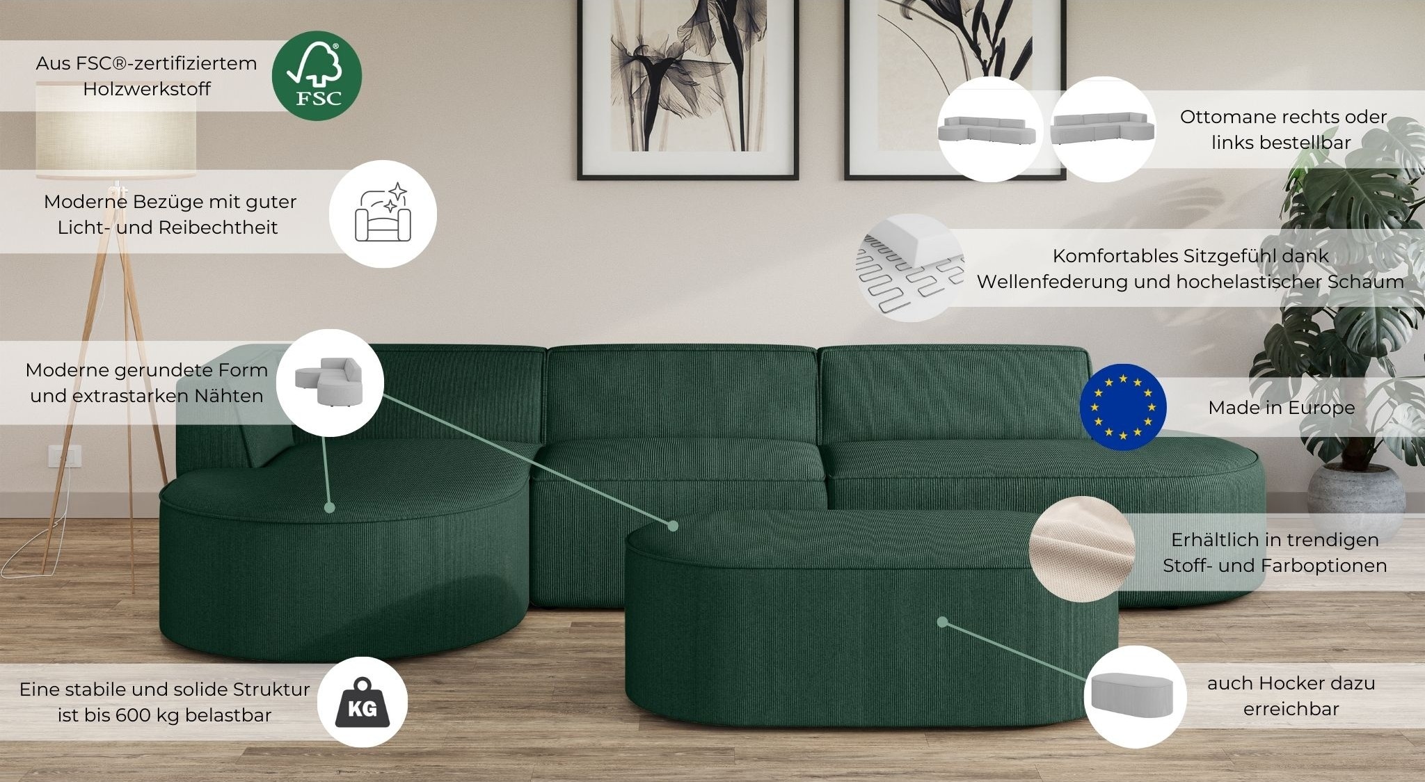 andas Ecksofa »EIVIND Designer Sofa mit Ottomane rechts/links, B/T/H: 343/159/72 cm«, L-Form mit Wellenunterfederung, auch in Feincord und Bouclé