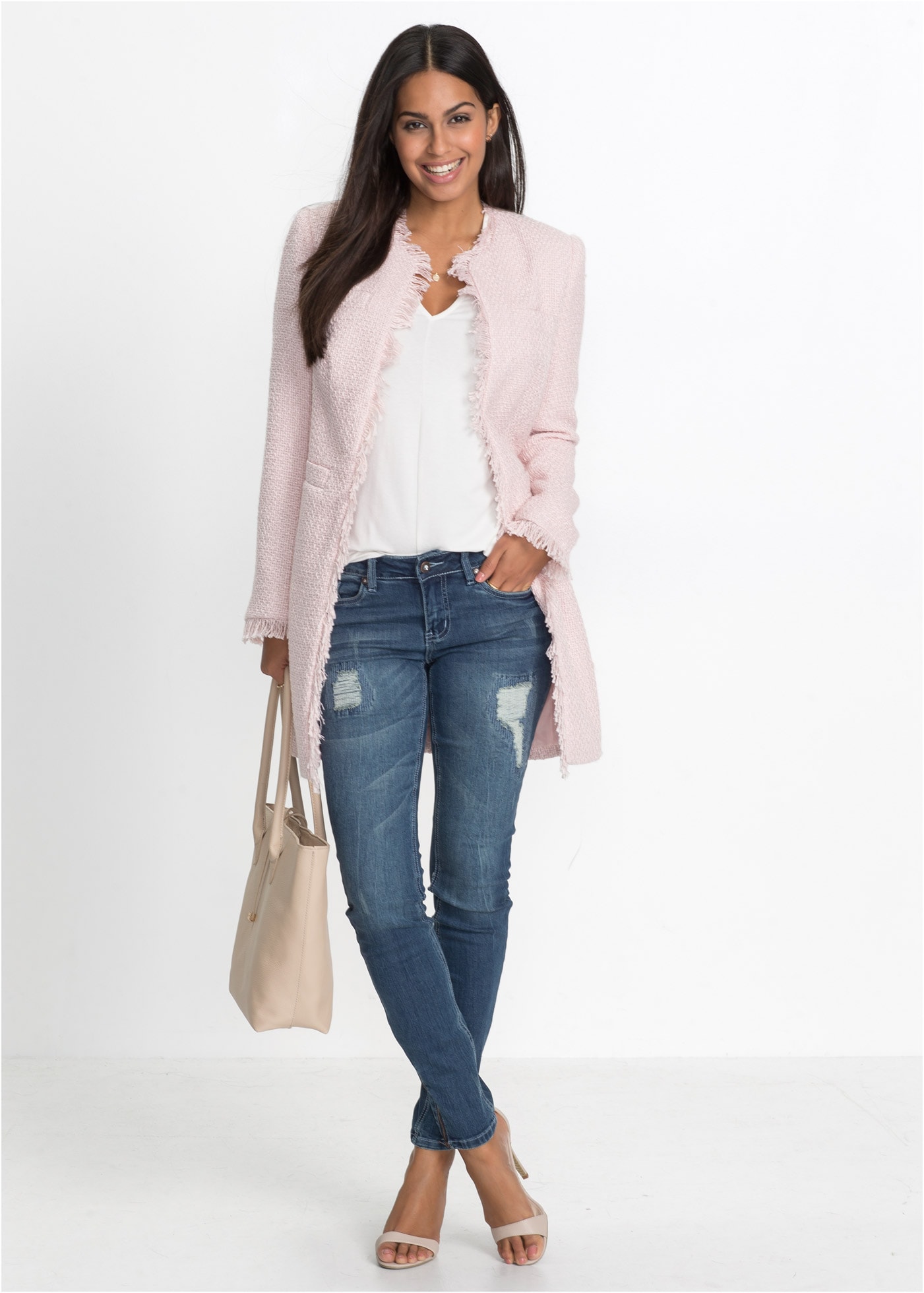 bonprix Blazer long 1 eleganter Bouclé-Look, Regular Fit, mit langem Arm