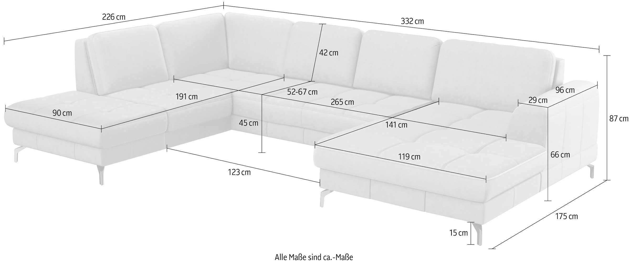 sit&more Wohnlandschaft »Bendigo U-Form« inklusive Sitztiefenverstellung, Bodenfreiheit 15 cm, in 2 Fussfarben