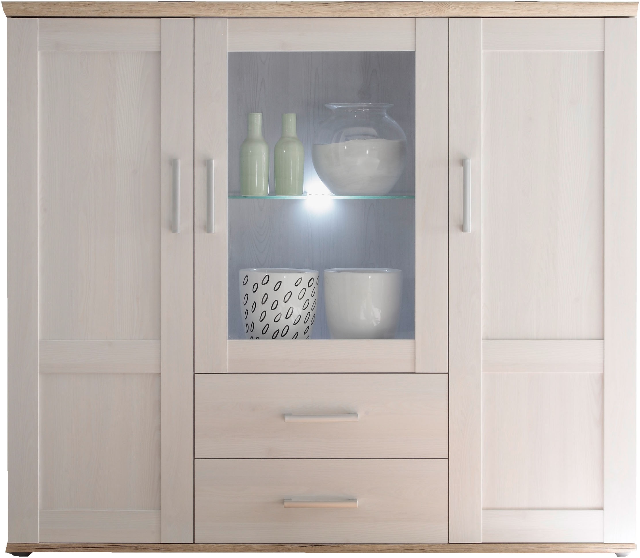 HBZ Highboard »Romance Landhaustil mit LED-Beleuchtung, BxHxT 156x137x46 cm« 1 Stk. tlg. Mit  2 Türen, 2 Schubkästen und 6 Einlegeböden, 1 Glasboden