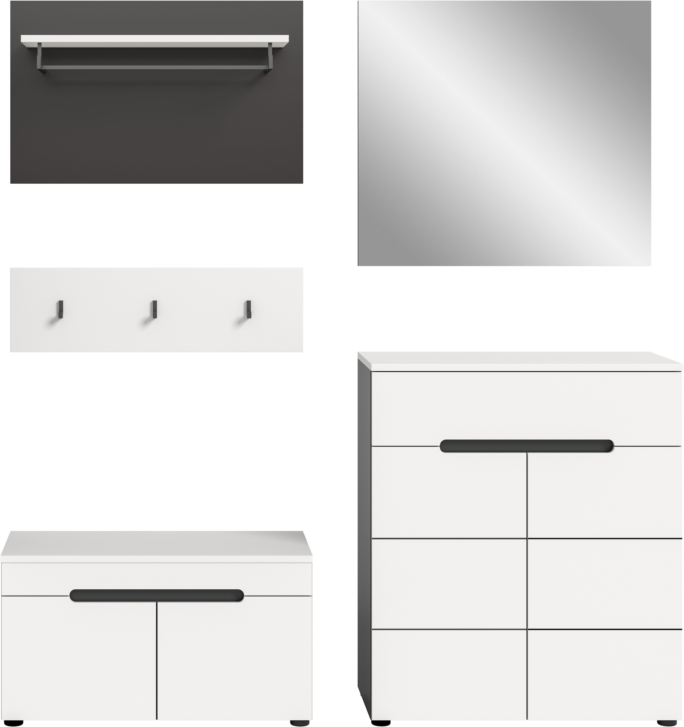 Home affaire Garderoben-Set »REHAT, TOPSELLER!, 5-teilig, Breite 175cm, individuell stellbar« bestehend aus: Sitzbank, Paneel, Hakenleiste, Spiegel, Kommode, 4 Stk. tlg.