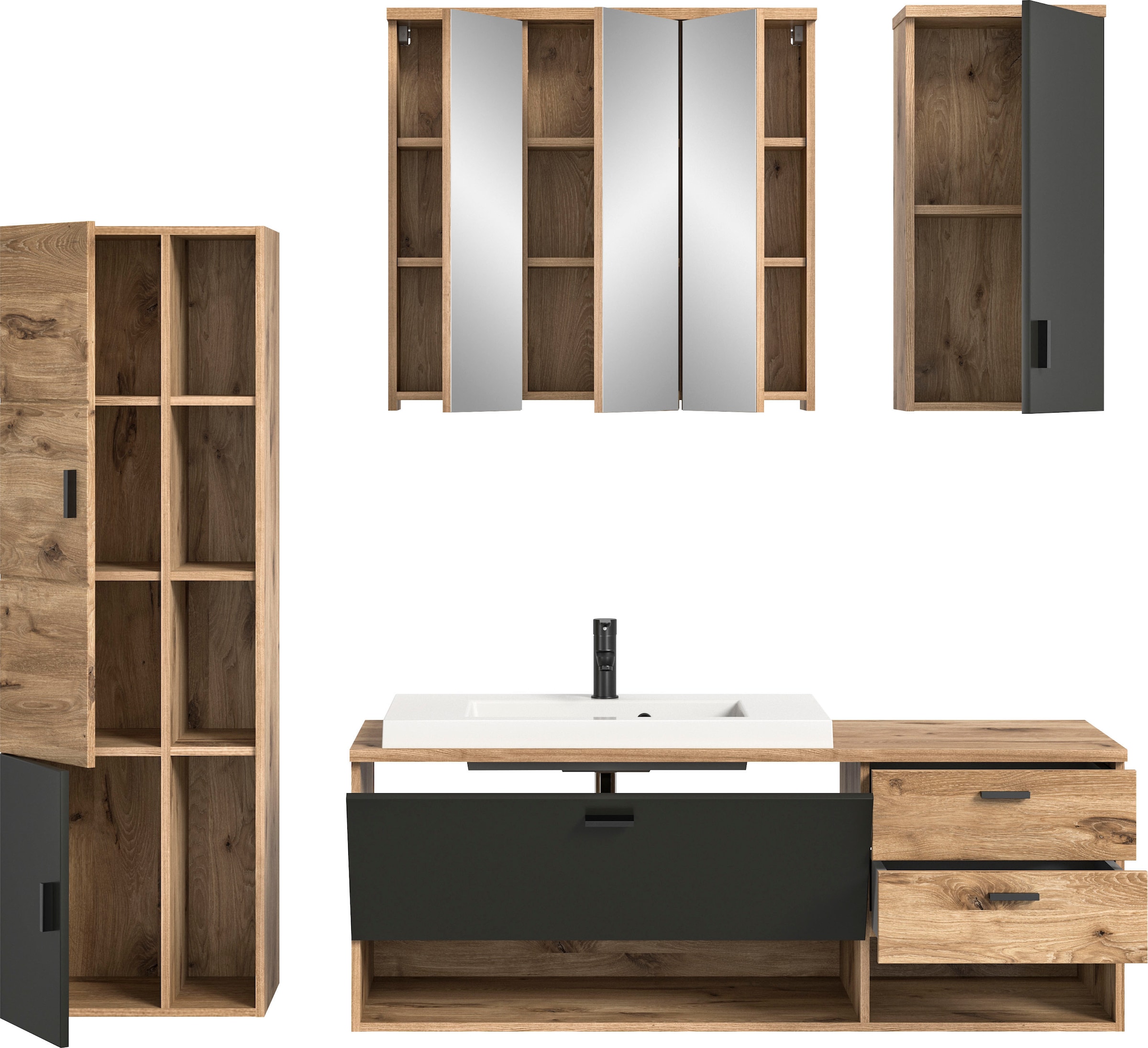 welltime Badmöbel-Set »Dolo, 4 teilig, inklusive Mineralguss-Waschbecken, bestehend aus:«, (Set, 4 St.), Waschtisch inkl. Waschbecken, Hängeschrank,Spiegelschrank, Hochschrank