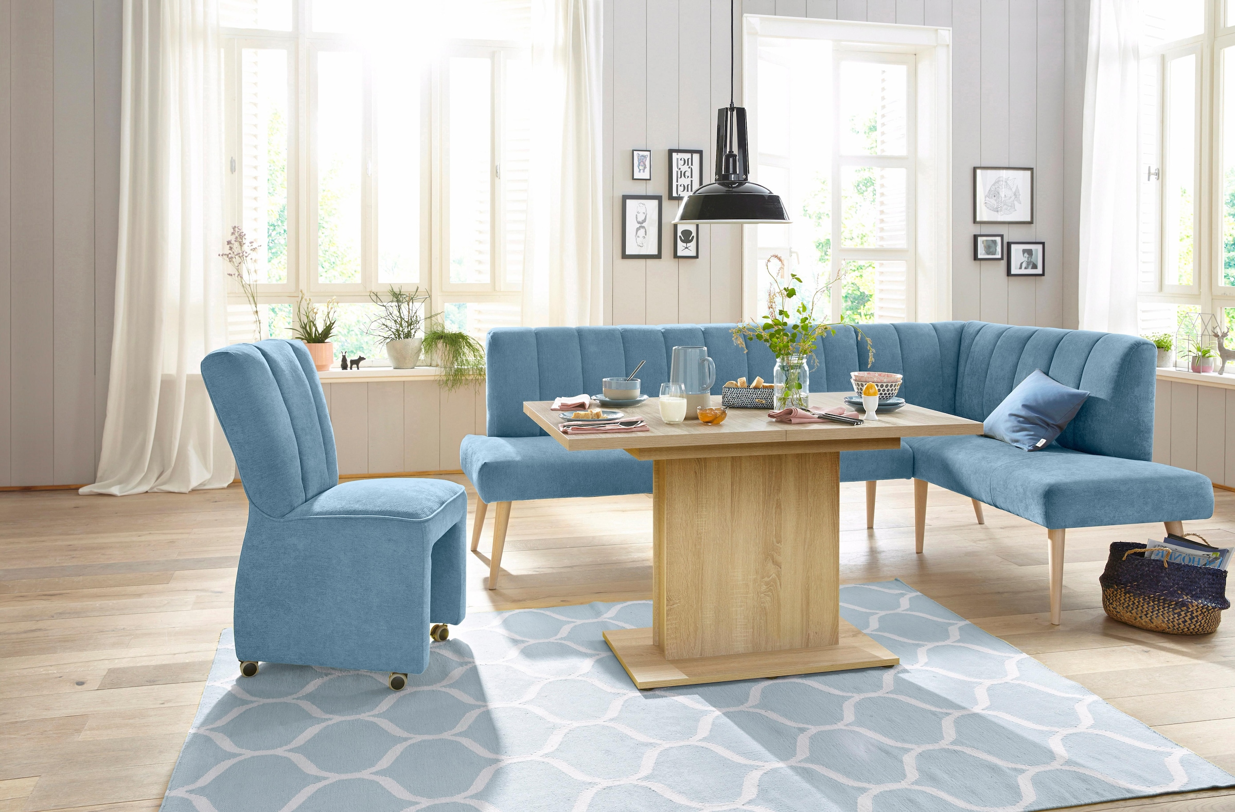exxpo - sofa fashion Eckbank »Costa, moderne Rückensteppung, bequem und elegant, hoher Holzfuss«, hochwertig verarbeitet, Frei im Raum stellbar