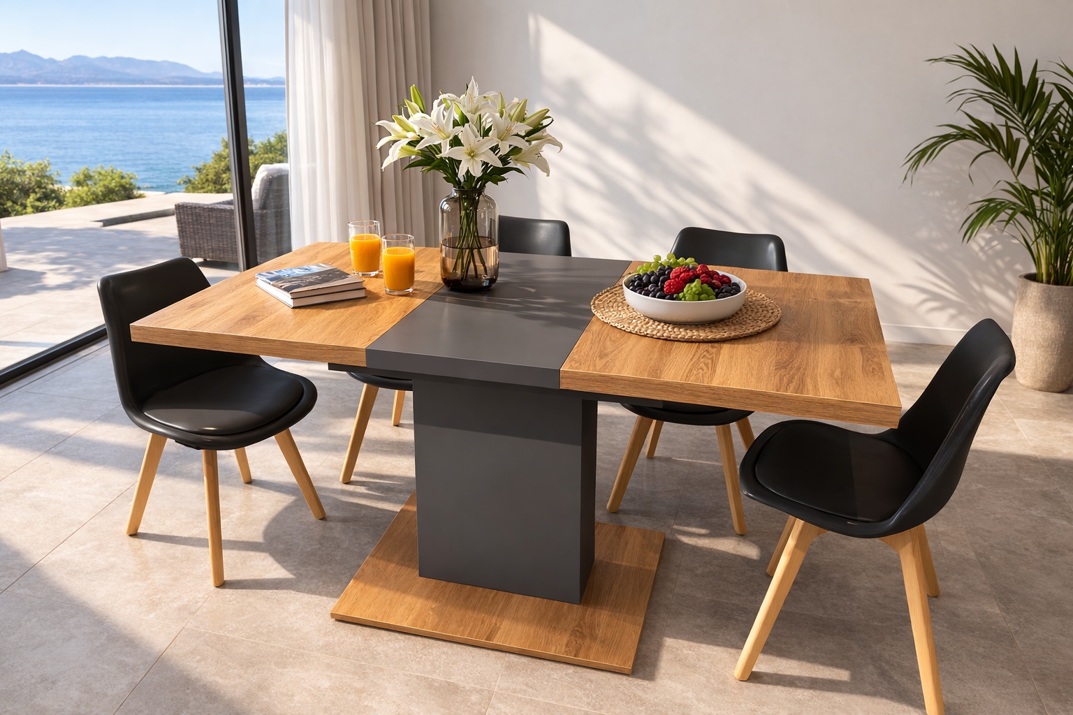 GOODproduct Table de salle à manger »Boston, Säulentisch, Speisetisch, Küchentisch, ausziehbar bis 150 cm« Place pour jusqu'à 6 personnes, extensible grâce à une rallonge