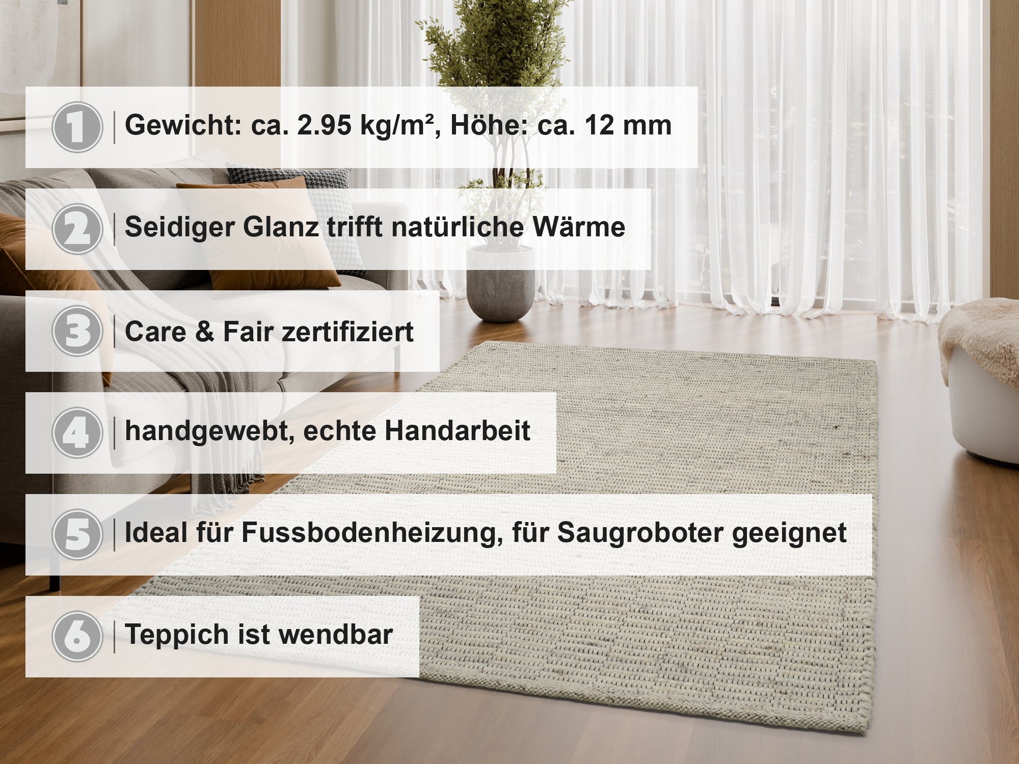 OCI DIE TEPPICHMARKE Tapis en laine »ATRIUM HANDWEB  ,  auch als Läufer und in Rund erhältlich« Rectangulaire 12 mm Höhe 70 % laine, tissé à la main, fibres naturelles, tapis réversible, salon