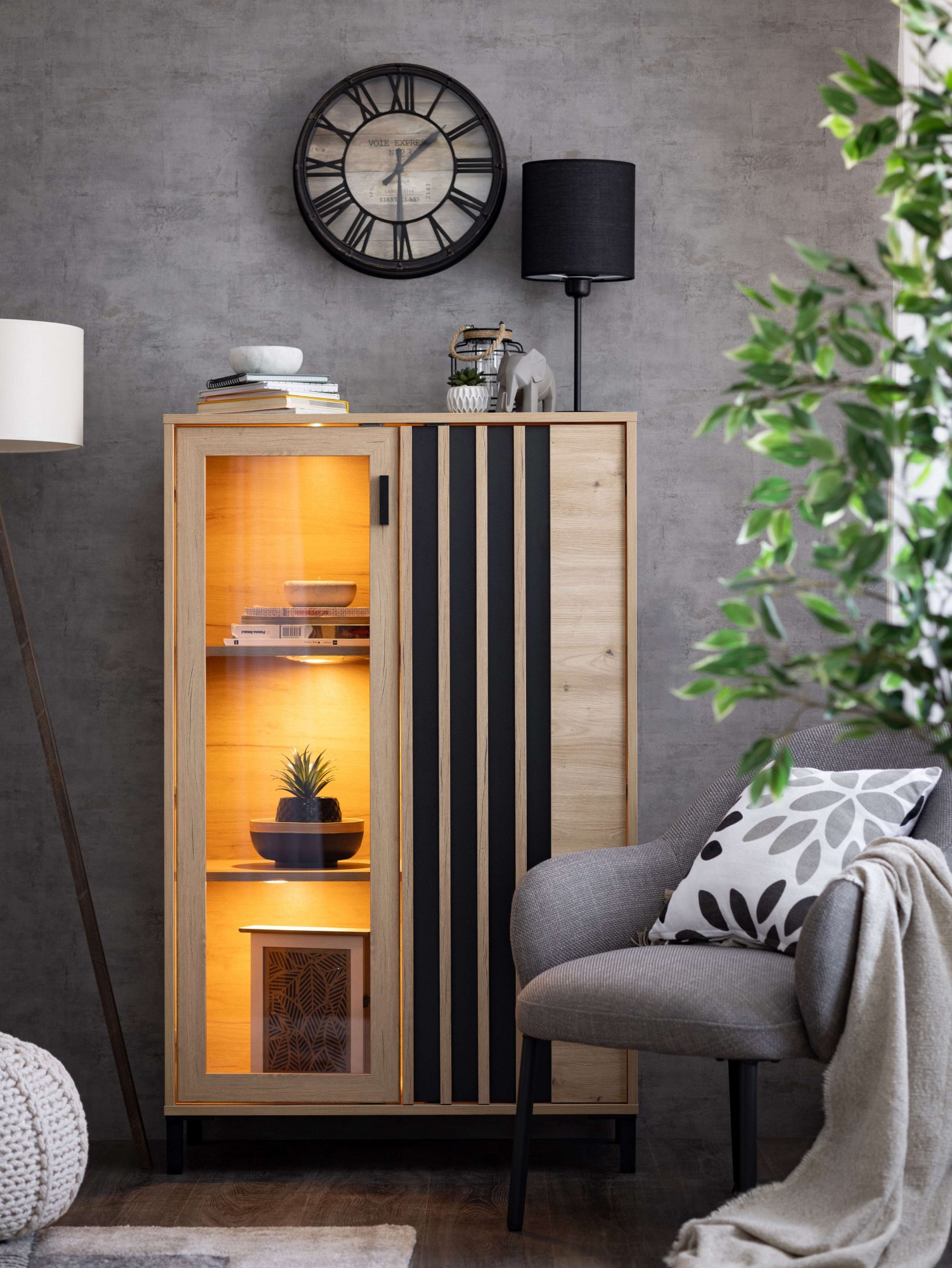 Image of Home affaire Highboard "LAVAL, Hochkommode, Vitrine, Glasvitrine, Kombi-Highboard" Modernes Highboard in Artisan-Dekor mit Glasfront & Lamellen-Optik