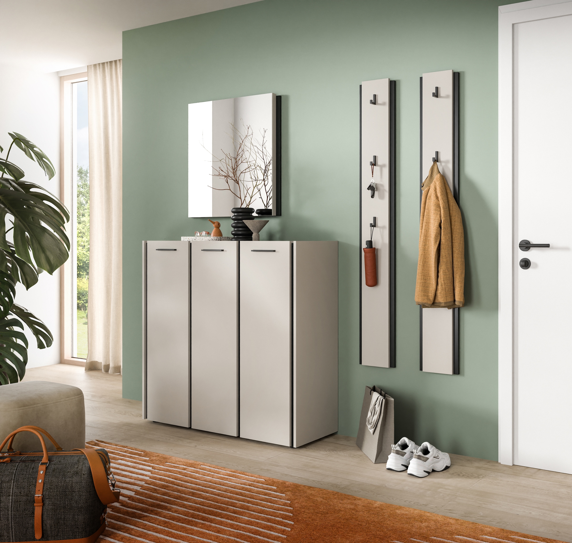 Home affaire Garderoben-Set »RAK, 4-teilige Garderoben-Kombination, Breite ca. 180 cm« Schuhkommode, Spiegel, 2x Hakenpaneel, 4 Stk. tlg.