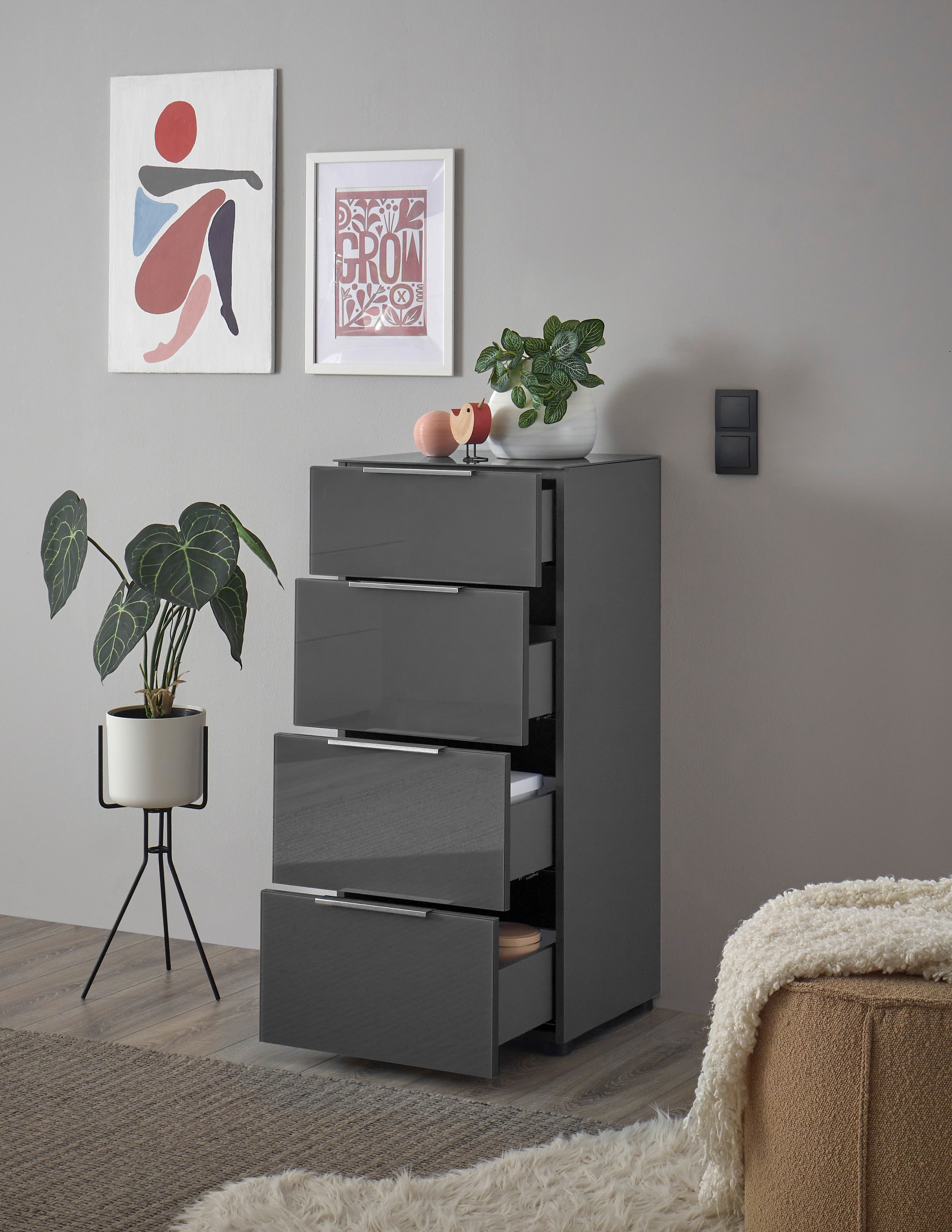 HBZ Commode »Santorin Mehrzweckschrank mit Schubkästen, BxHxT 45x99x40 cm« 1 cuis tlg. avec 4 tiroirs à fermeture douce, façade en verre et dessus en verre