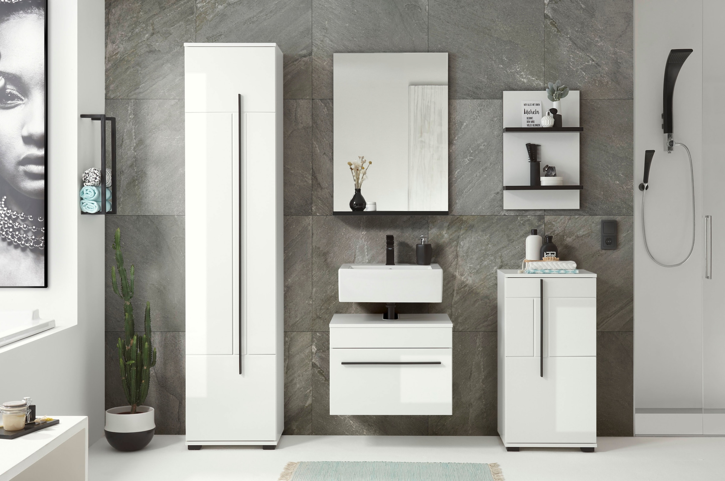 INOSIGN Badmöbel-Set »Cantara, Bad im modernen Design, 5-teiliges Badezimmer«, (Set, 5 St.), Unterschrank, Schränke, Hängeregal und Spiegel, in Weiss Hochglanz