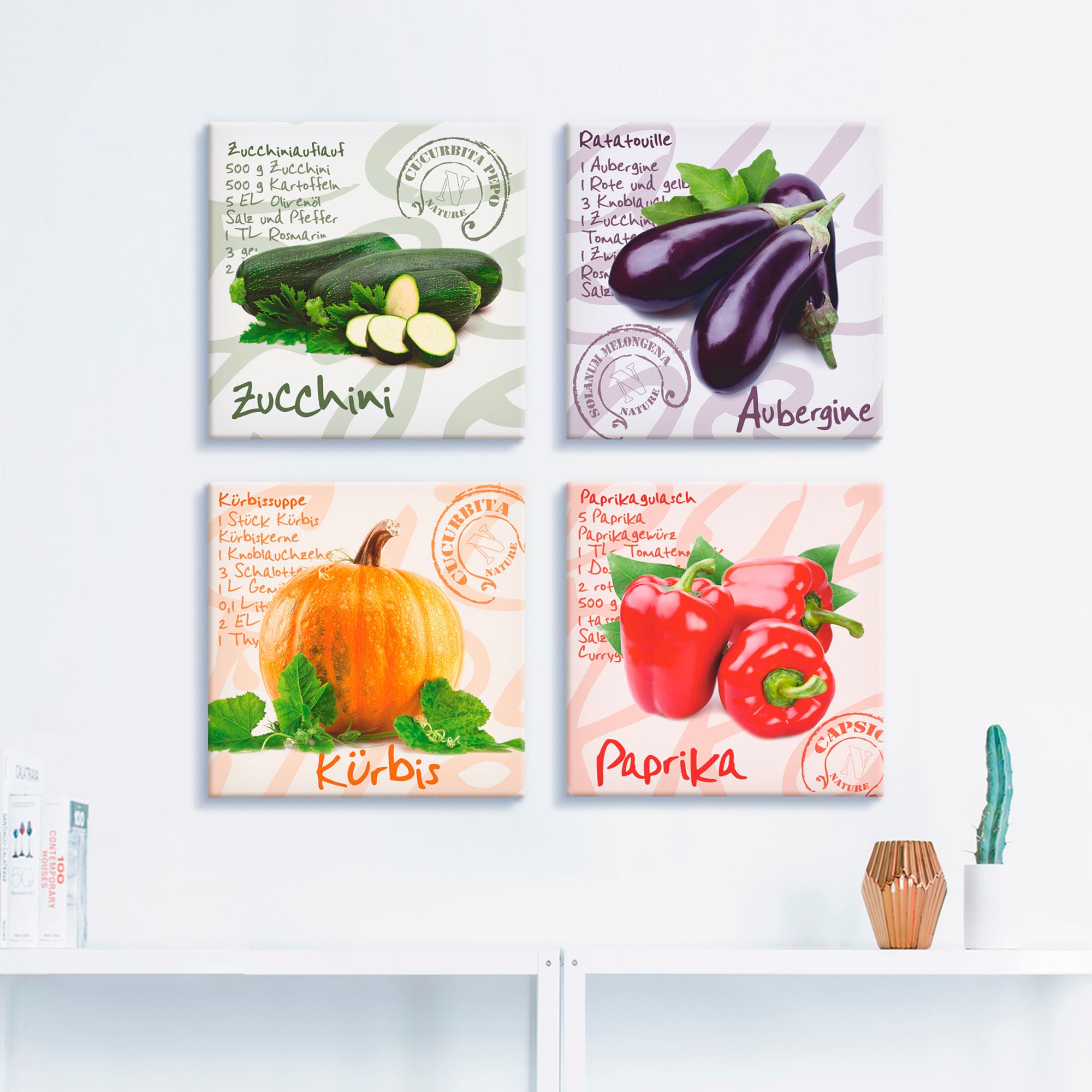 Artland Tableau sur toile »Zucchini, Aubergine, Kürbis, Paprika« 4 cuis tlg. 4er Set, verschiedene Grössen