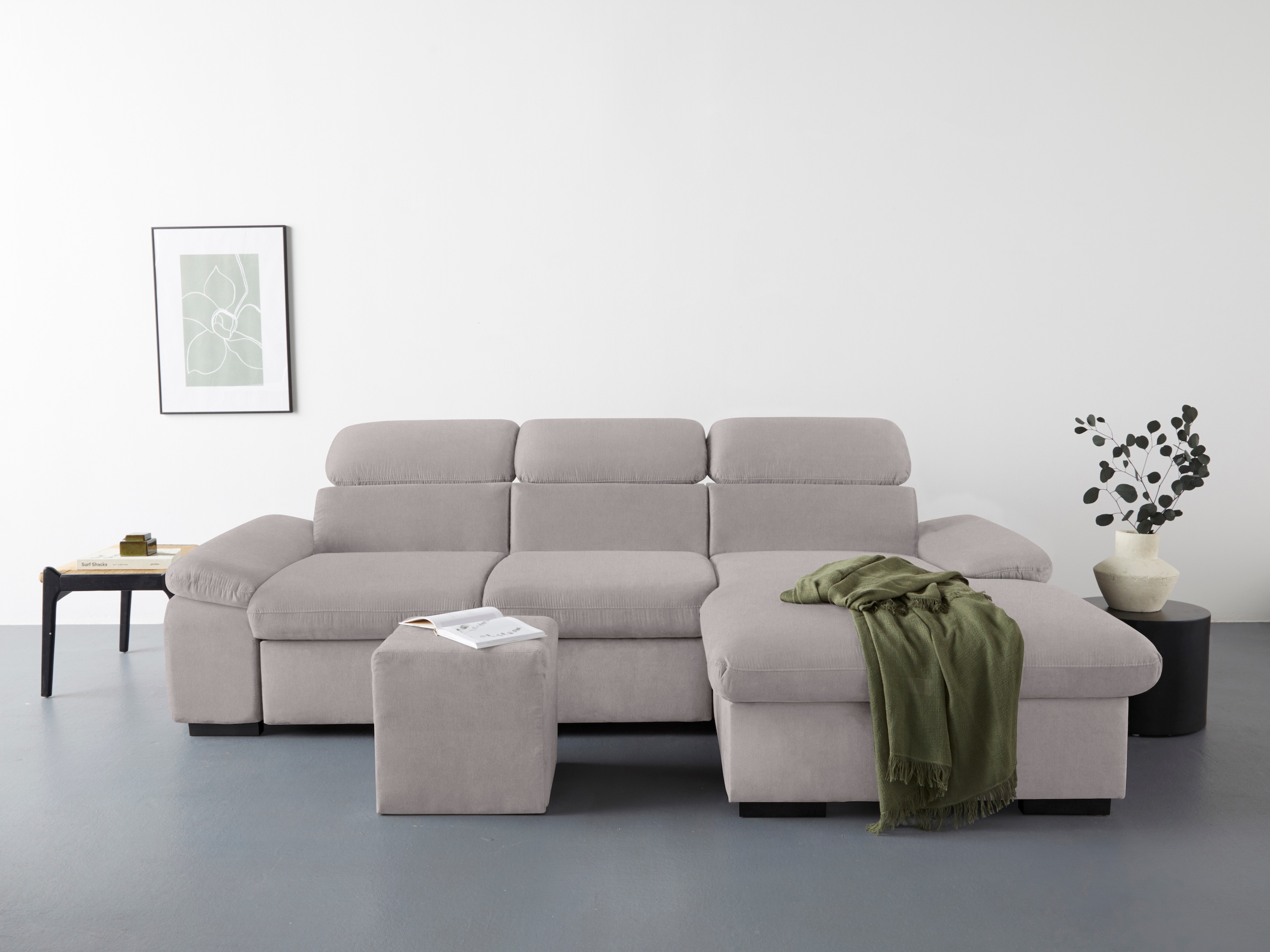 COTTA Ecksofa »Lola L-Form mit Kopfteilfunktion & Hocker«, (Set, mit Hocker), wahlweise mit Bettfunktion, Bettkasten & Armteilverstellung
