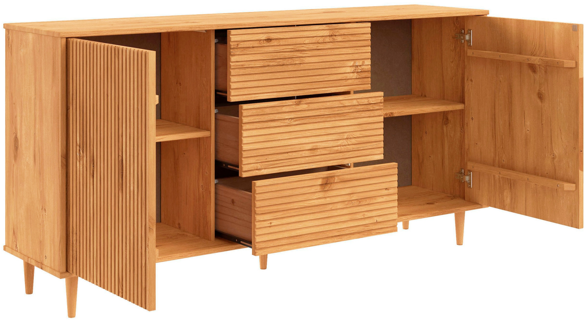 GOODproduct Sideboard »Malmedy  Front mit gefrästen Rillen« Kommode aus massivem Kiefernholz, Push-to-open, Breite 160 cm
