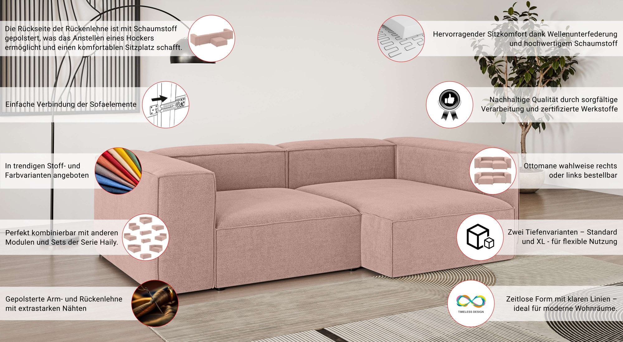 INOSIGN Ecksofa »XL HAILY L-Form, Modularsofa extra tief, Masse B/T/H: 260/160/72 cm«, als Modul oder separat verwendbar, für individuelle Zusammenstellung
