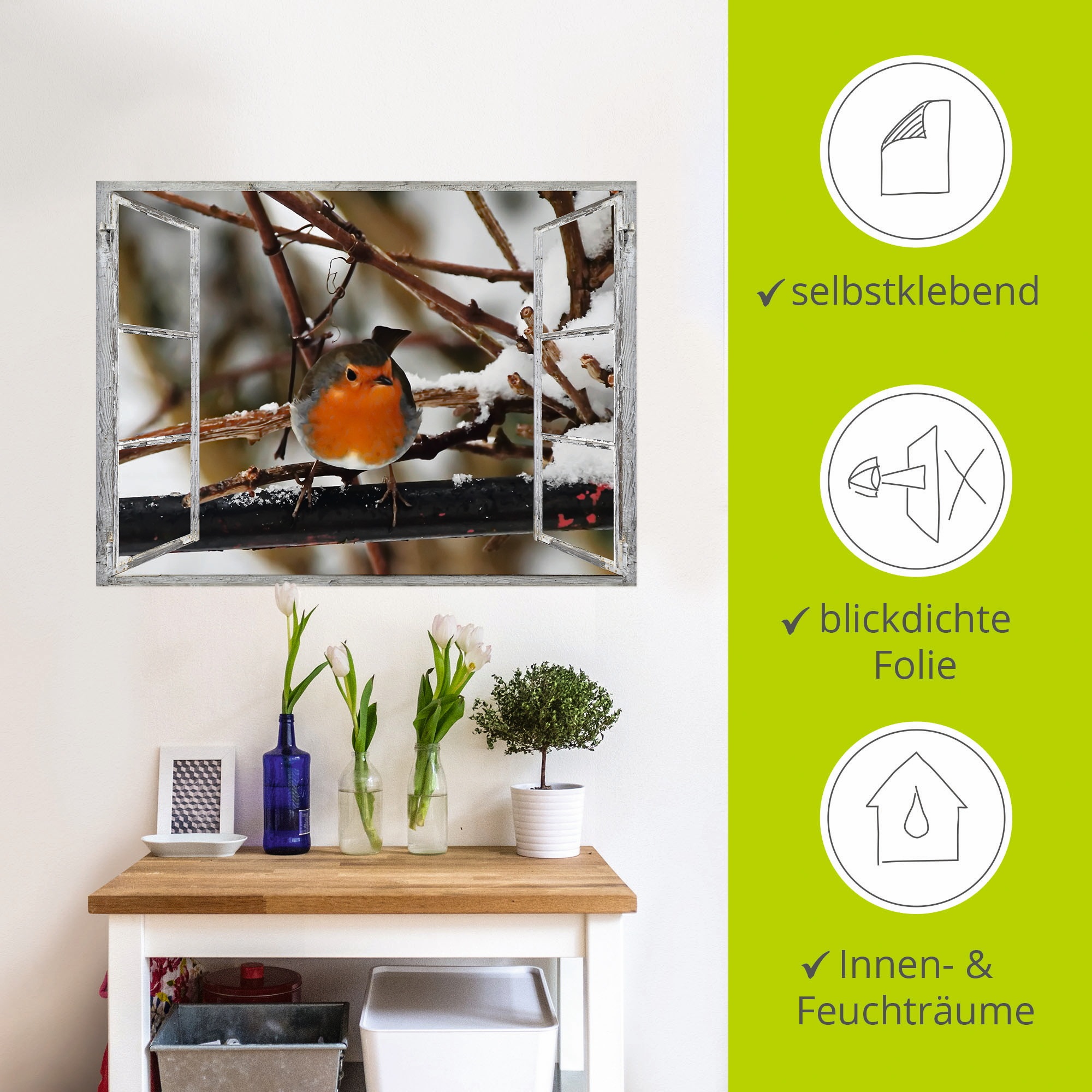 Artland Wandbild »Fensterbild - Rotkehlchen«, Vögel, (1 St.), als Poster, Wandaufkleber in verschied. Grössen