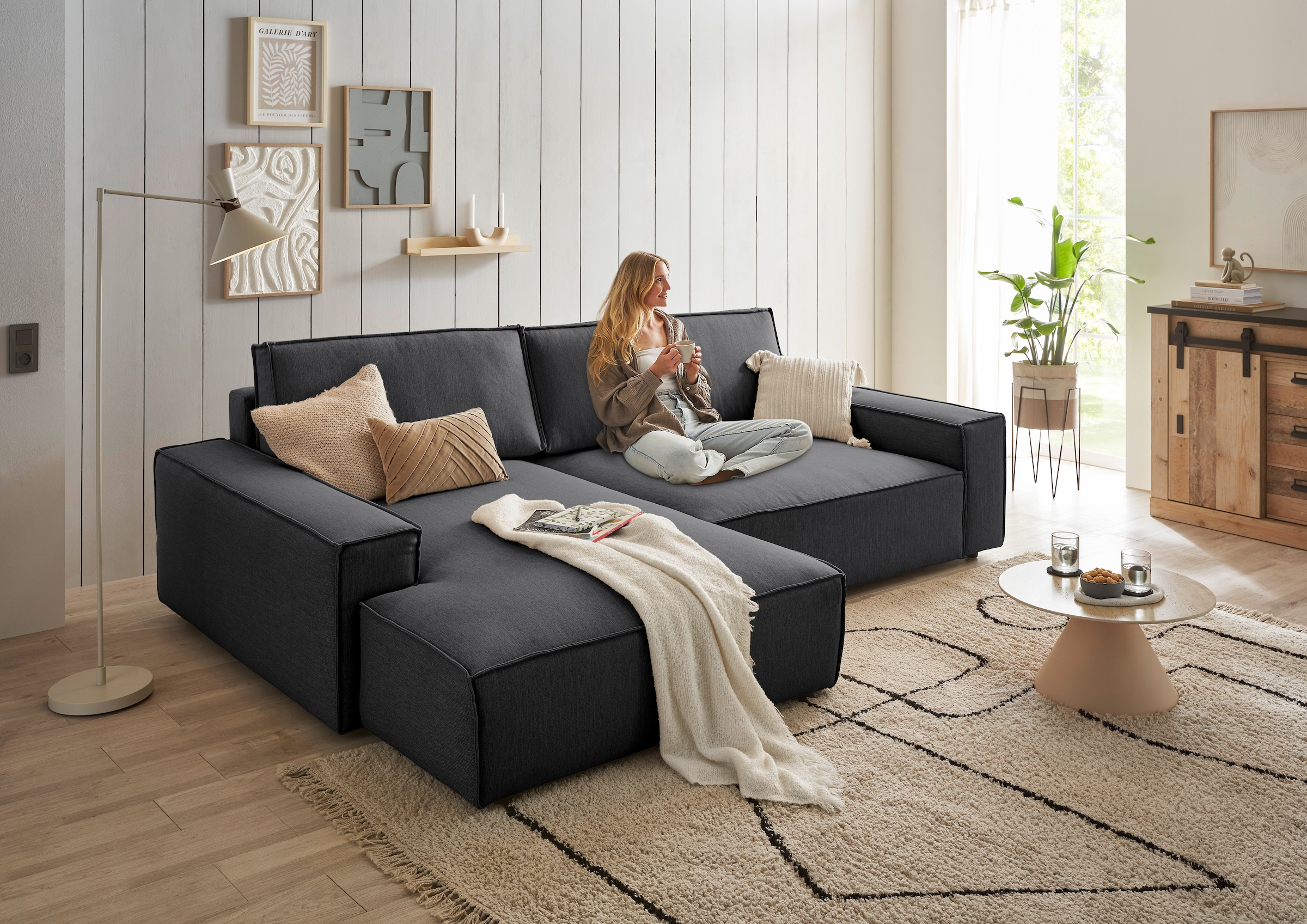 Home affaire Ecksofa »NEU: SHERWOODL XXL 284, Big-Sofa L-Form, tiefe Sitzfläche 95 cm, Cord,«, Leinenoptik, Recamiere rechts/links, auch als Schlafsofa stellbar