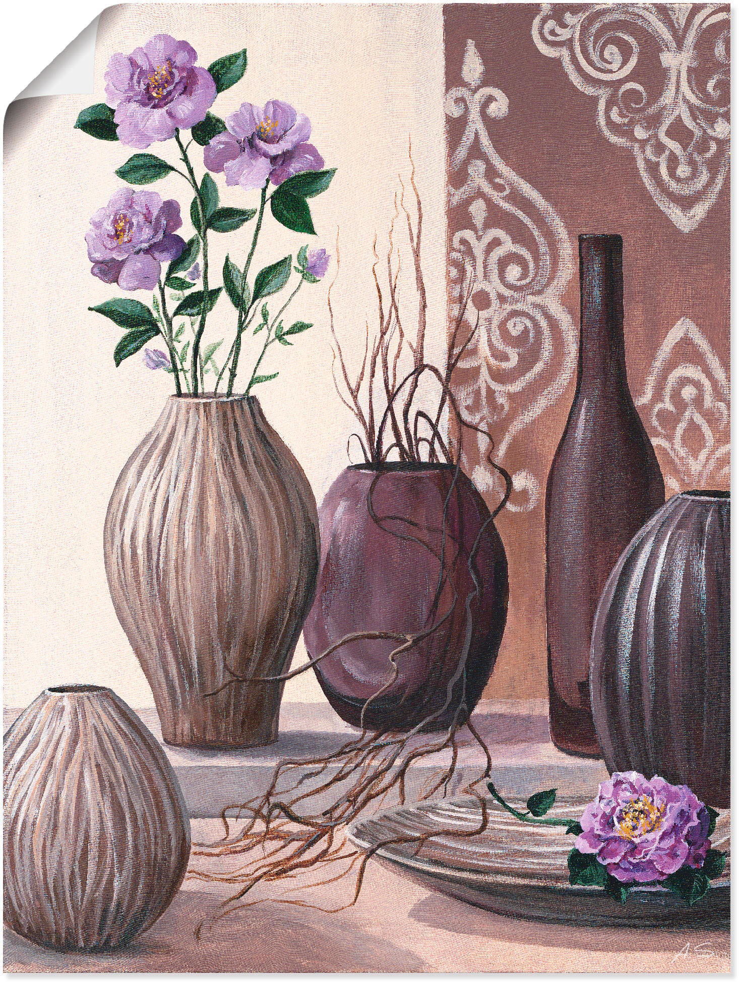 Image of Artland Wandbild »Violette Rosen und braune Vasen«, Vasen & Töpfe, (1 St.), in vielen Grössen & Produktarten - Alubild / Outdoorbild für den Aussenbereich, Leinwandbild, Poster, Wandaufkleber / Wandtattoo auch für Badezimmer geeignet bei Ackermann Versand