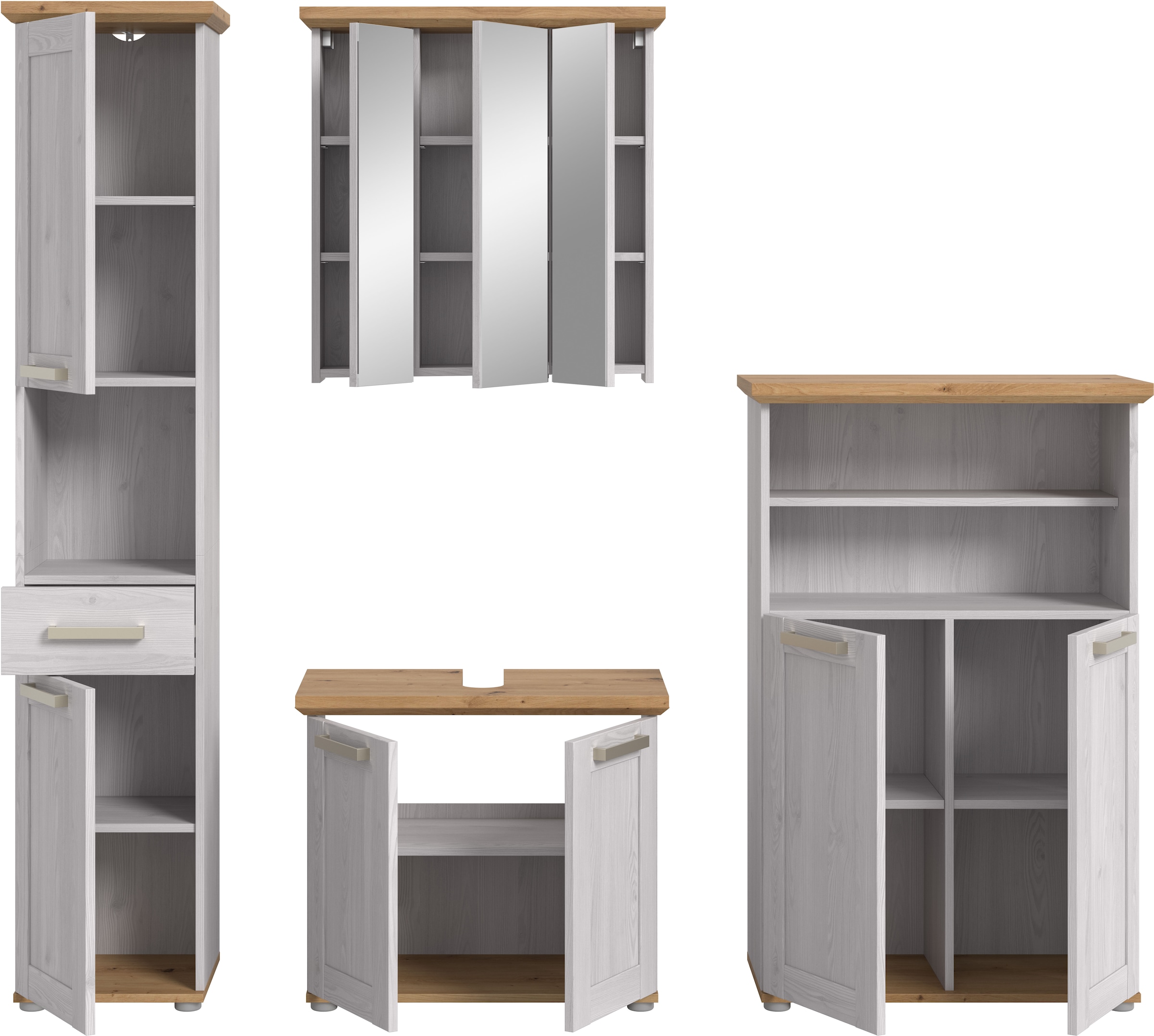 welltime Badmöbel-Set »COSENZA« best. aus: 1Hochschrank, 1Spiegelschrank, 1WBU, 1Midischrank, 4 Stk. tlg.