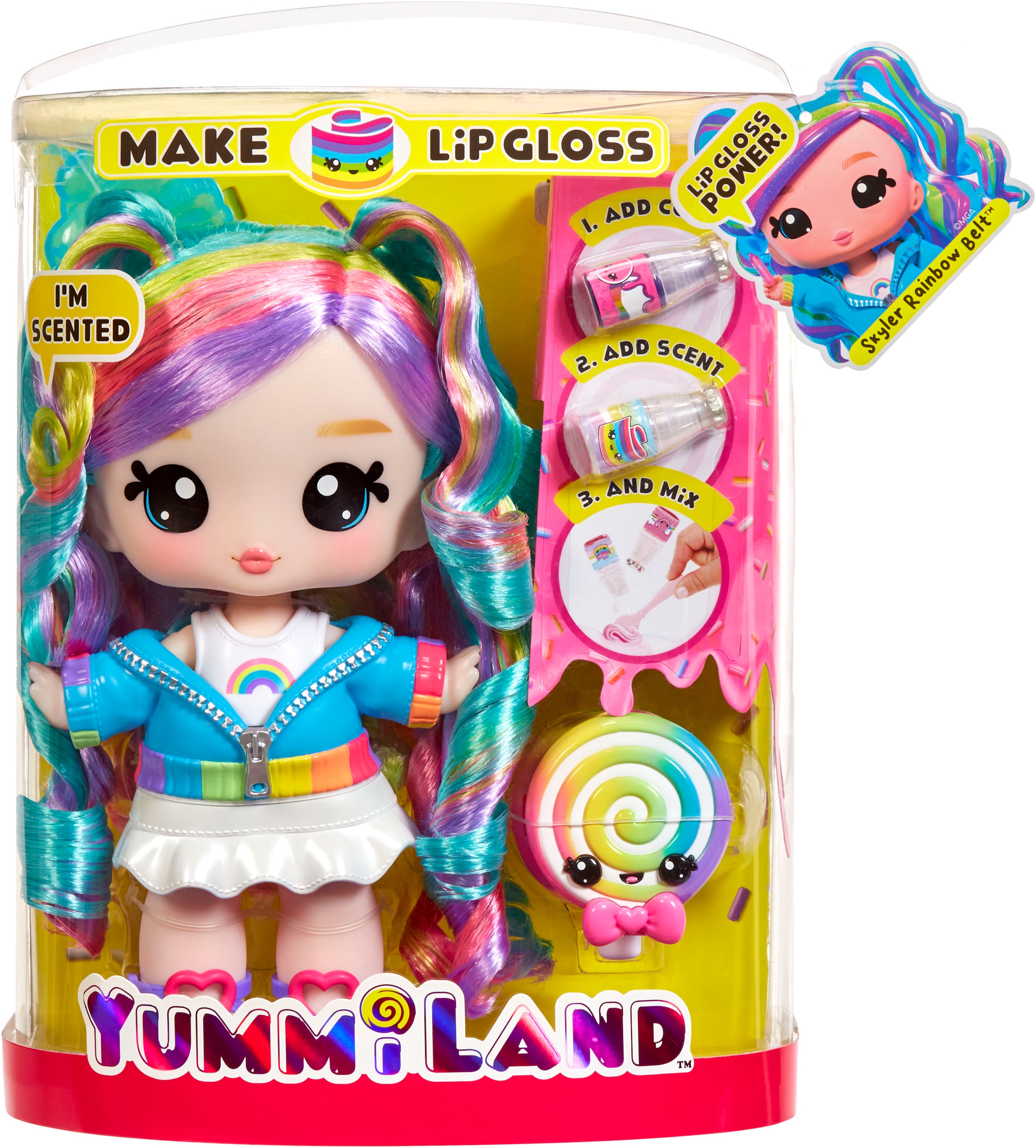 YUMMILAND Poupée à habiller »Yummiland Large Doll + Lip Gloss Pet- Rainbow (Skyler Rainbow Belt)« duftend