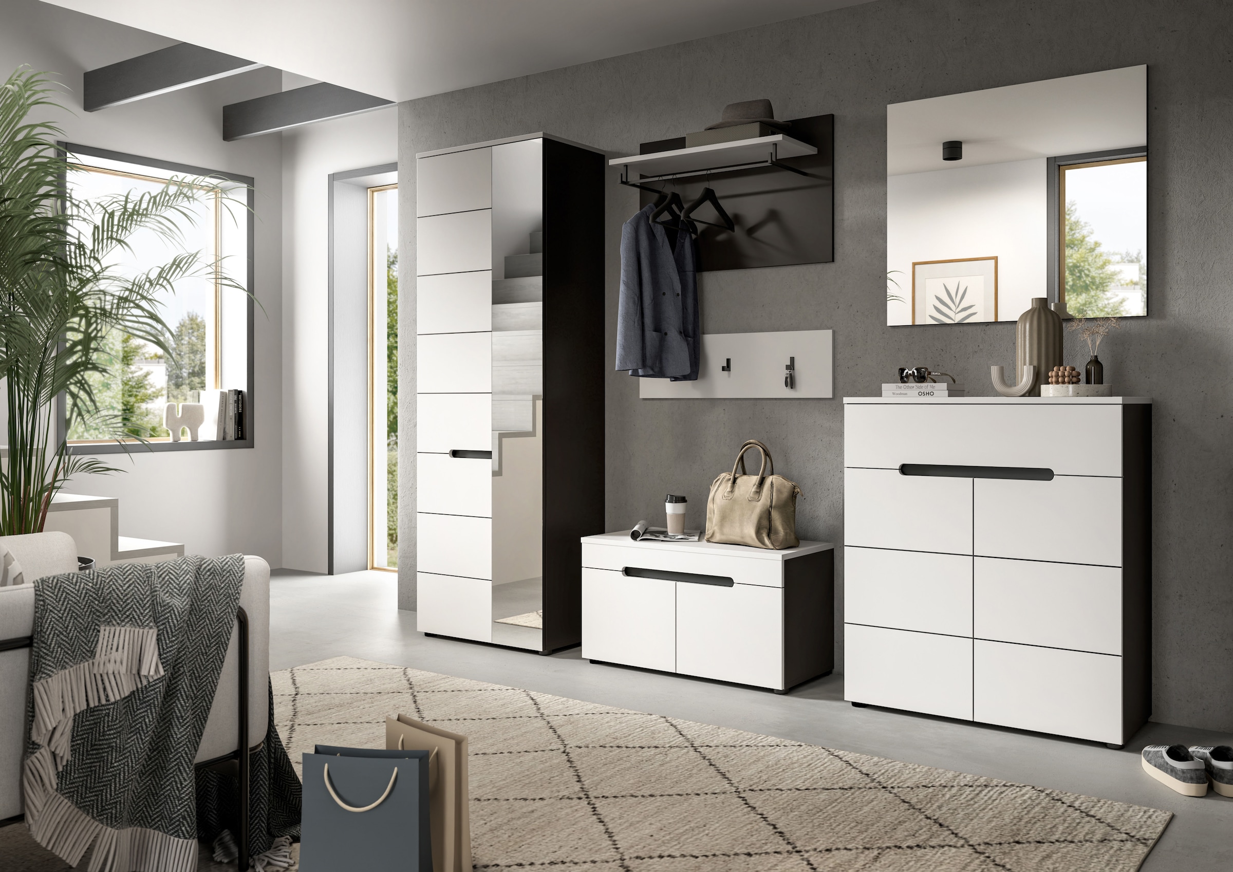 Home affaire Garderoben-Set »REHAT, TOPSELLER!, 4-teilig, Breite 160cm, individuell stellbar« bestehend aus: Garderobenschrank, Sitzbank, Paneel, Hakenleiste, 3 Stk. tlg.