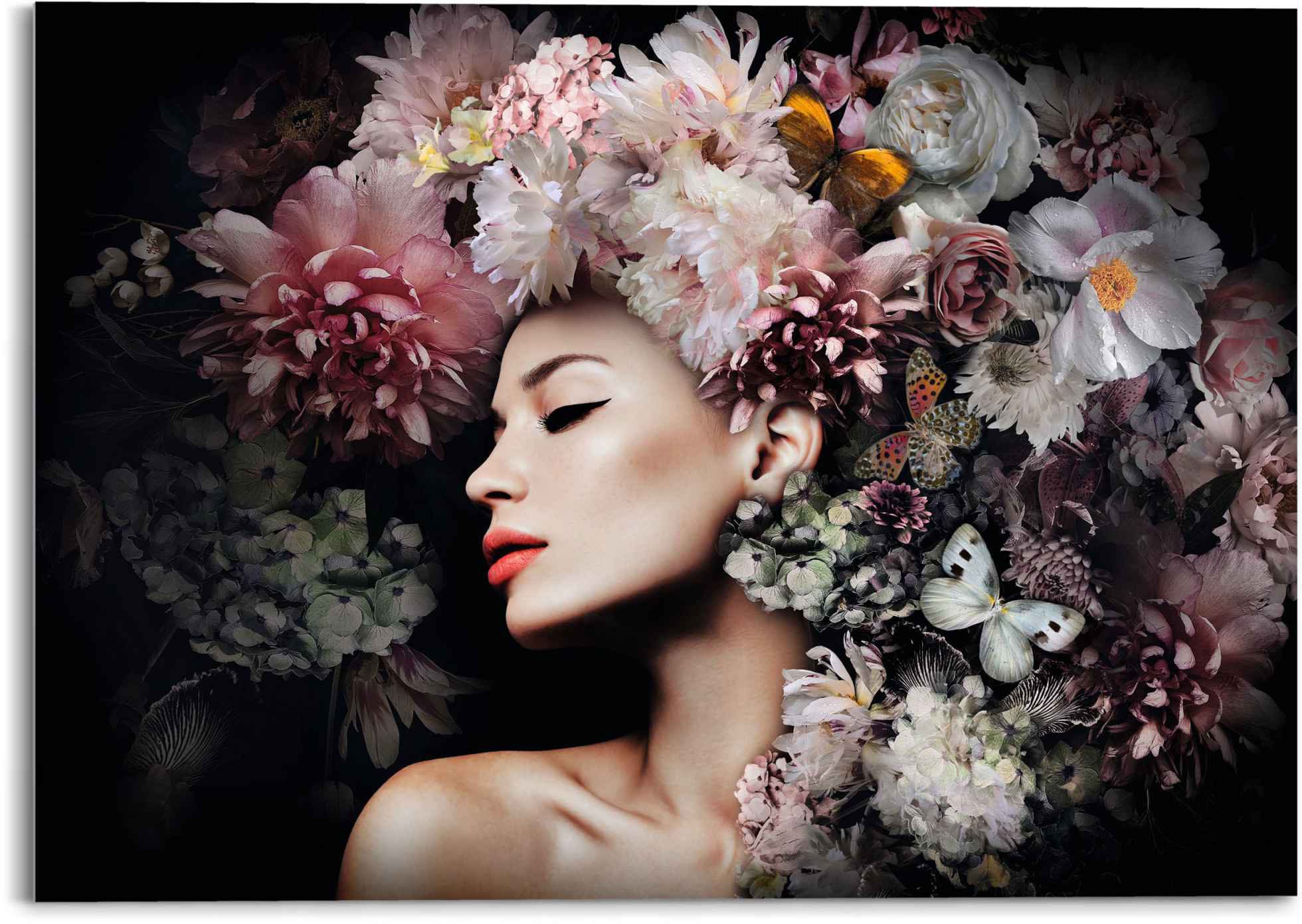 Image of Reinders Glasbild "Glasbild Frau mit Blumenhut Frau - Schmetterling - Strauss - Romantik" Menschen 1 Stk. tlg.