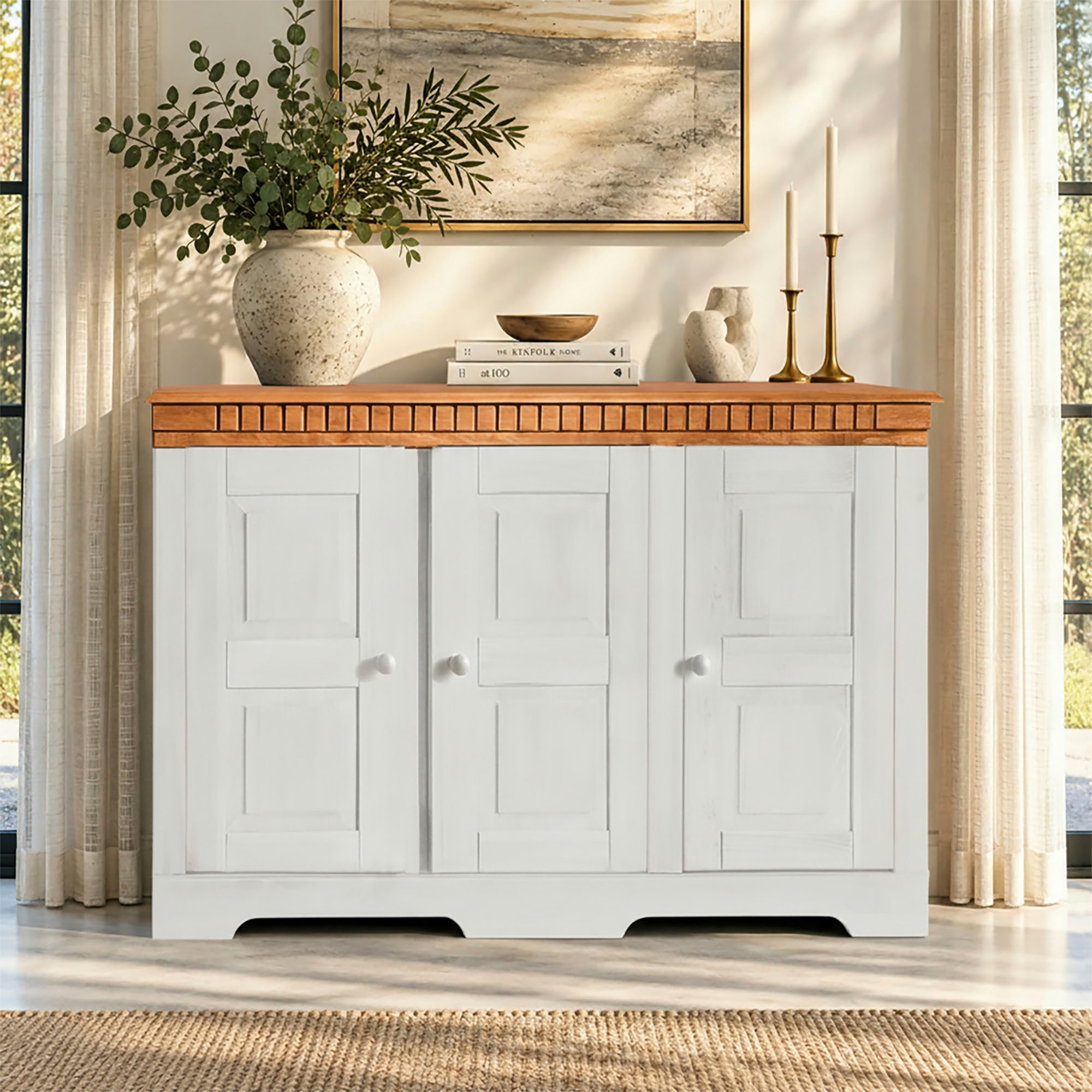 Image of GOODproduct Sideboard "Lisa Kommode mit dekorativen Fräsungen und verstellbaren Einlegeböden" Kiefernholz mit 3 Türen und 2 verstellbaren Einlegeböden, Knopfgriffe