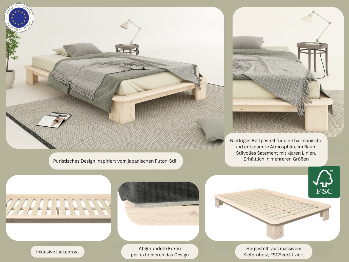 Home affaire Futonbett »Peregrin, Bett, Bettgestell, Massivholzbett«, inklusive Lattenrost, aus massiver Kiefer, FSC®